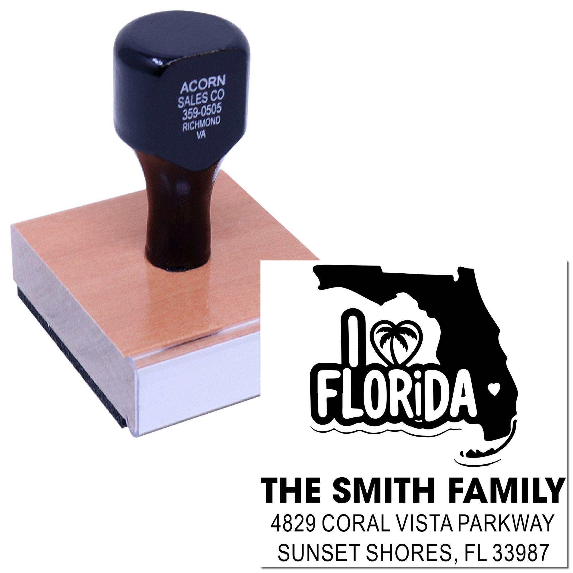 Custom Florida return address rubber stamp with family name and address, featuring state outline and palm tree design