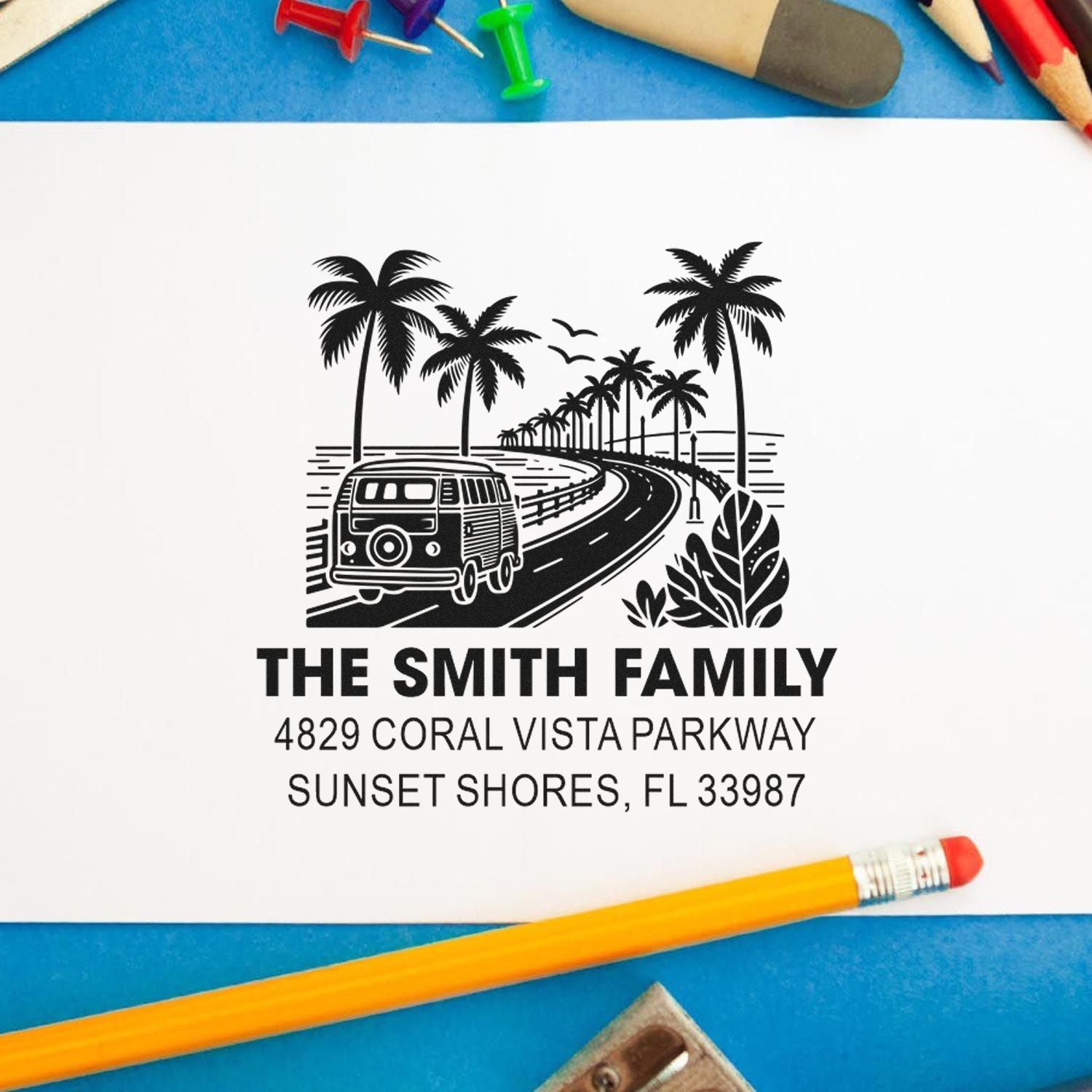 Personalized family return address rubber stamp with tropical palm road design for envelopes, invitations, and mailings.