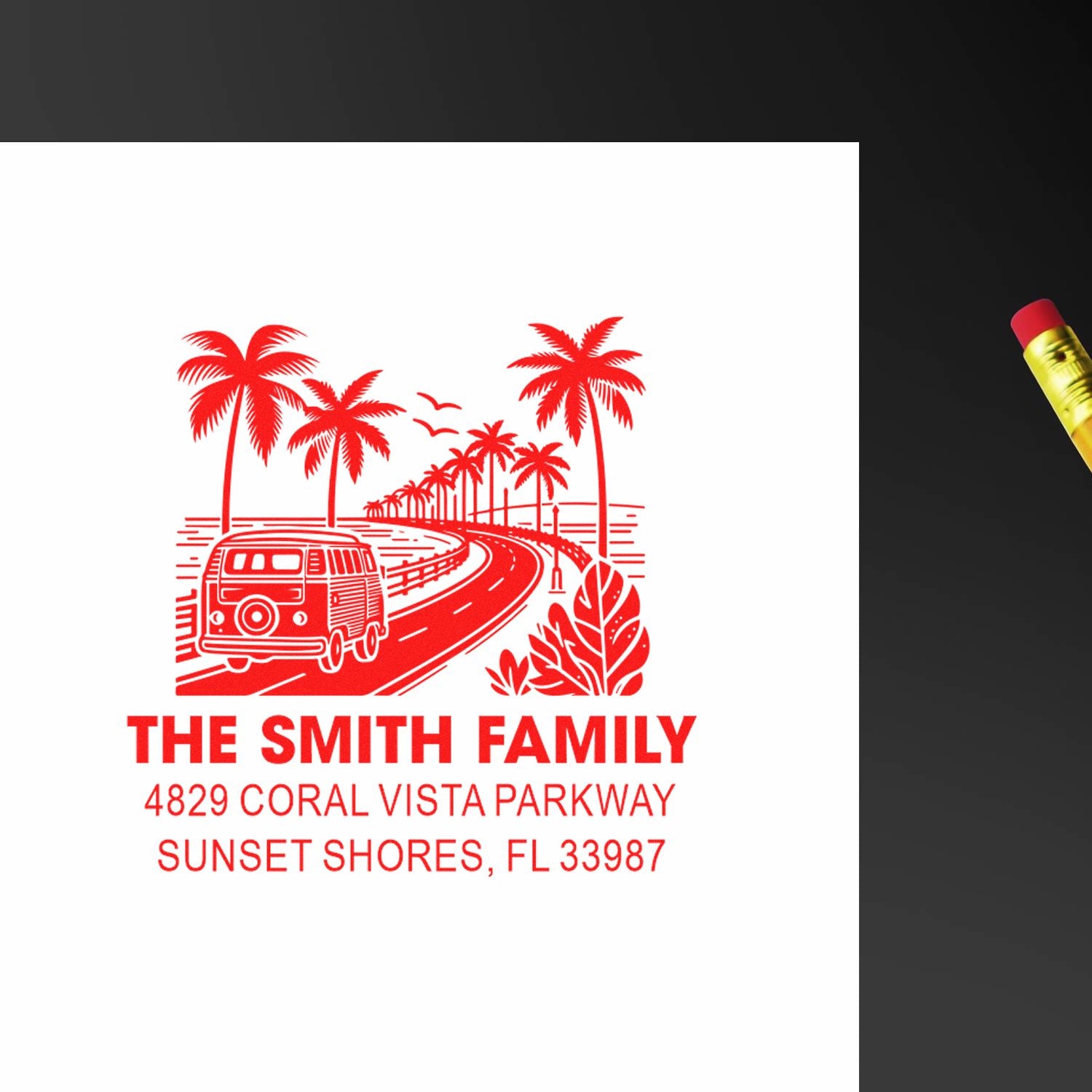 Custom return address rubber stamp for The Smith Family with tropical palm tree road design and Sunset Shores, FL address.
