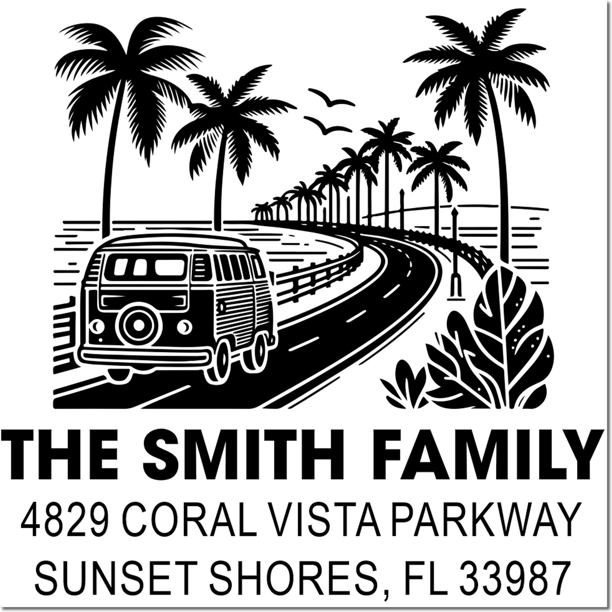 Custom return address rubber stamp with tropical palm trees, van, and personalized family name for Sunset Shores, FL.