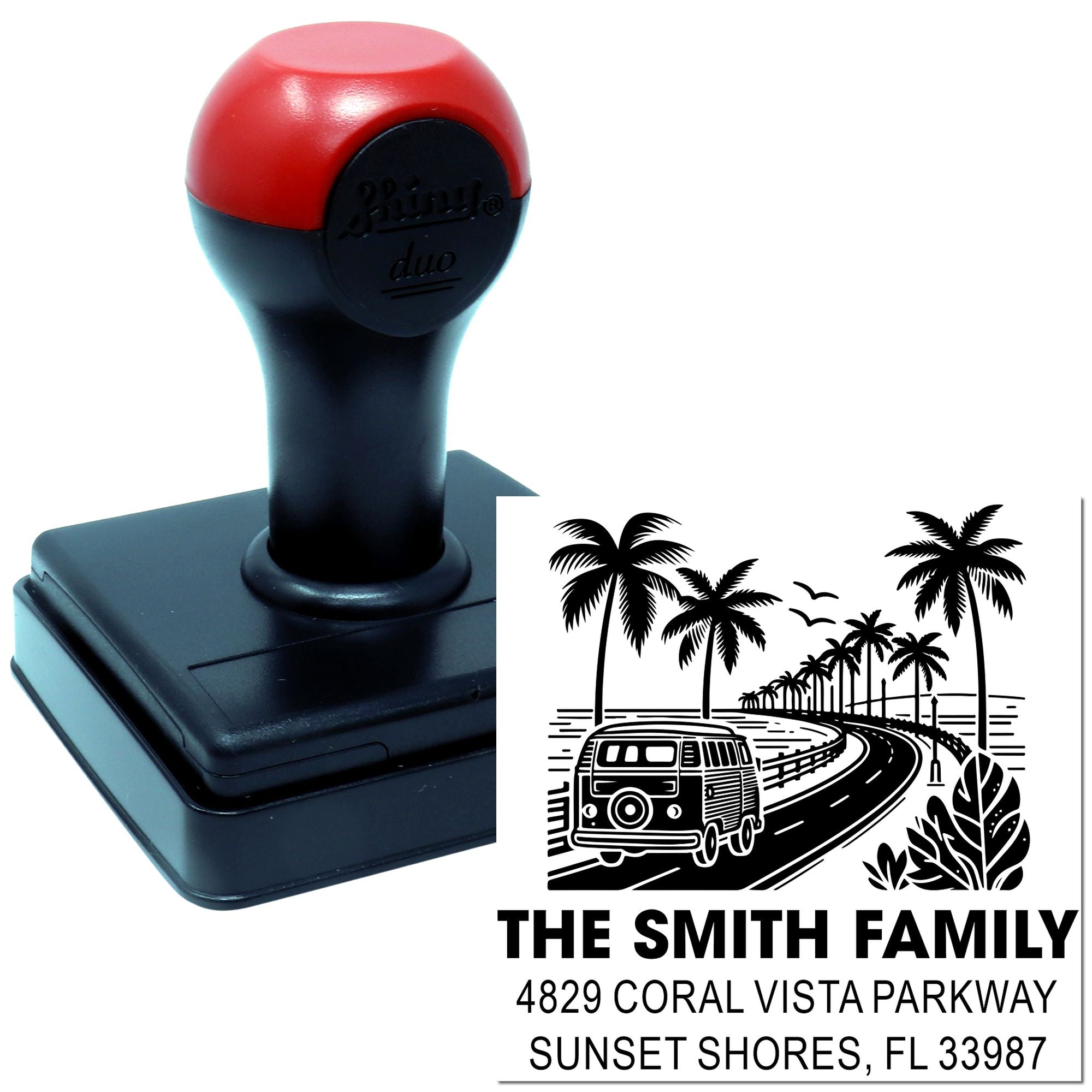 Custom self-inking rubber stamp with palm tree address design for The Smith Family return address.