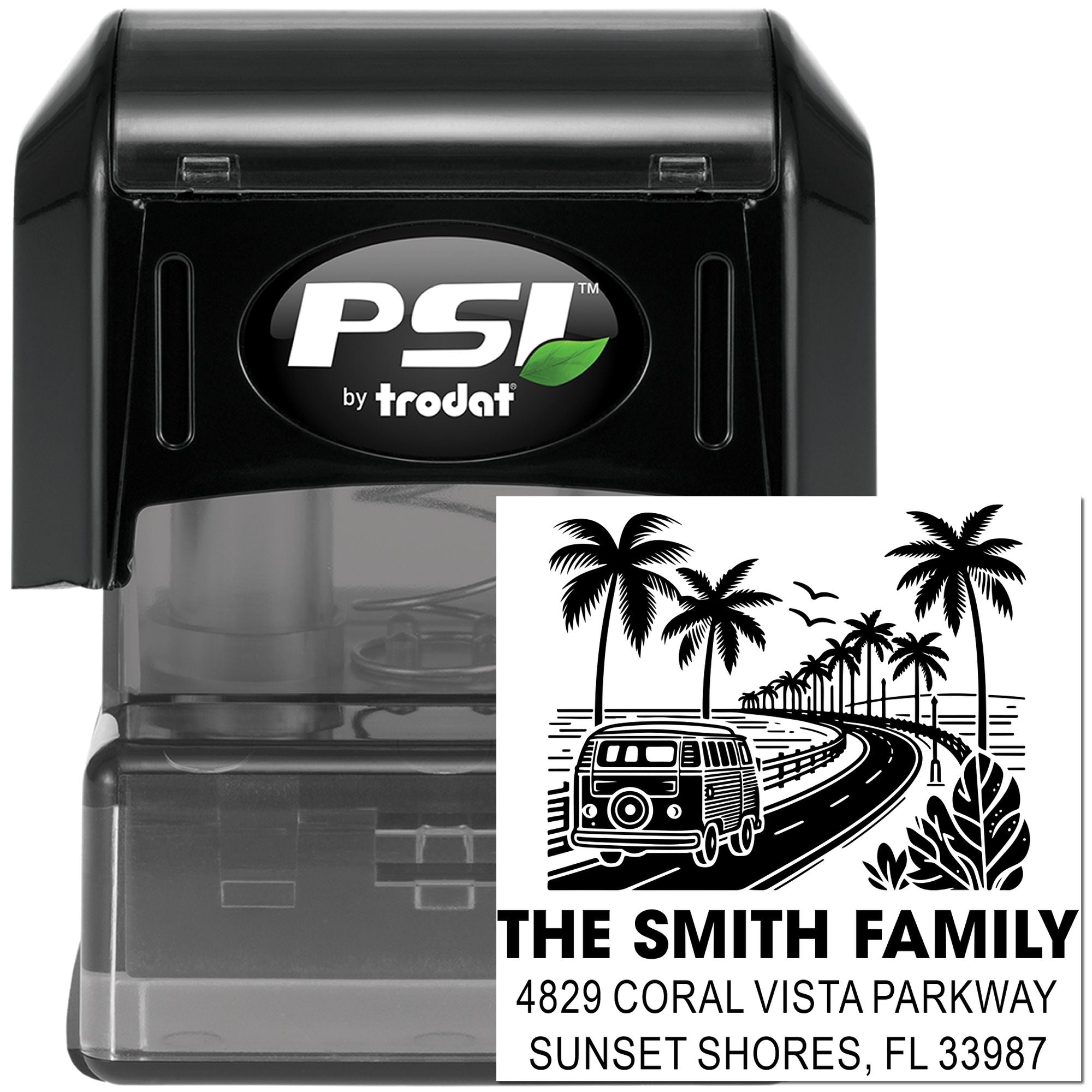 PSI by Trodat custom return address rubber stamp with tropical palm and beach van design for The Smith Family address label.