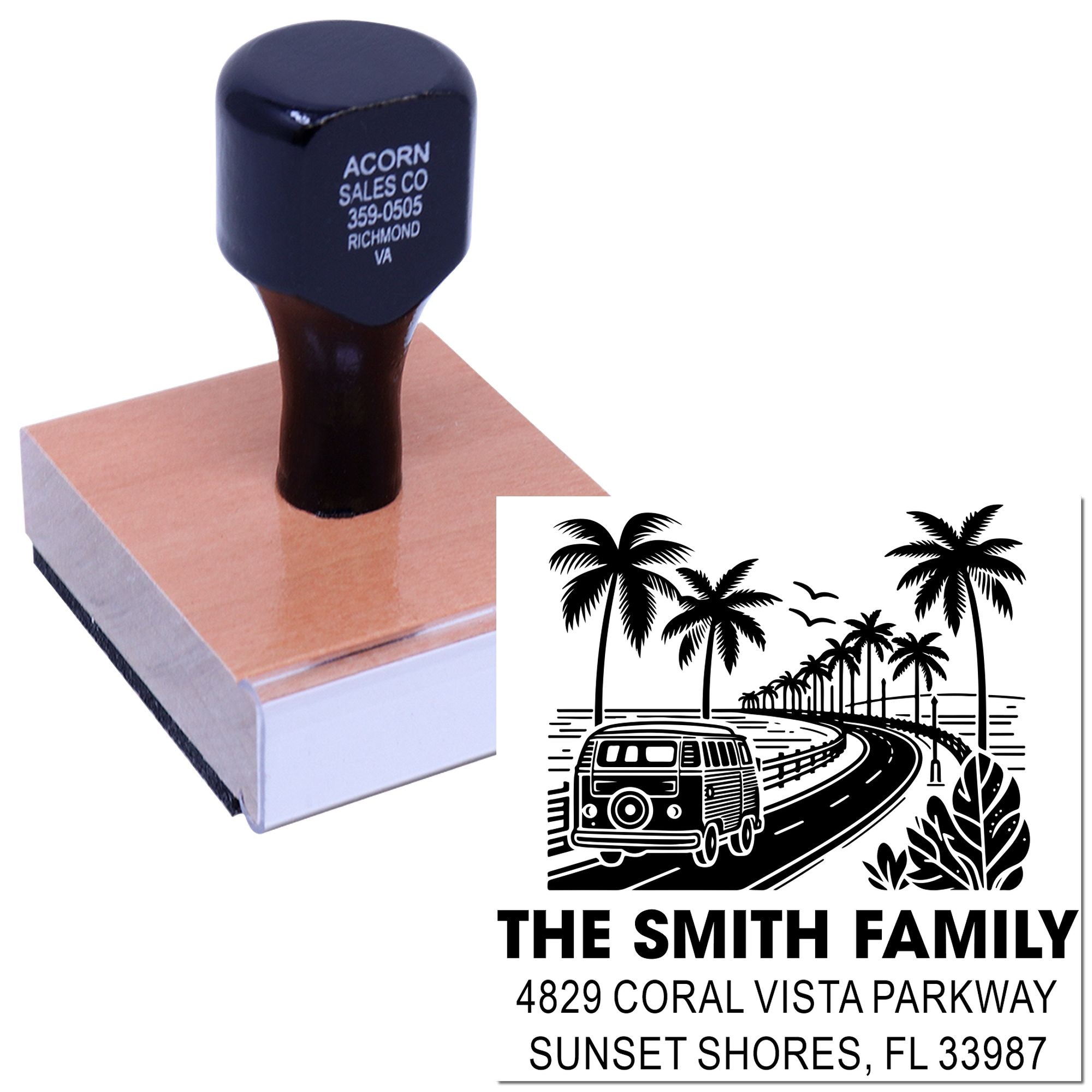 Custom rubber stamp for personalized address stamping, featuring a tropical family name and home address design.