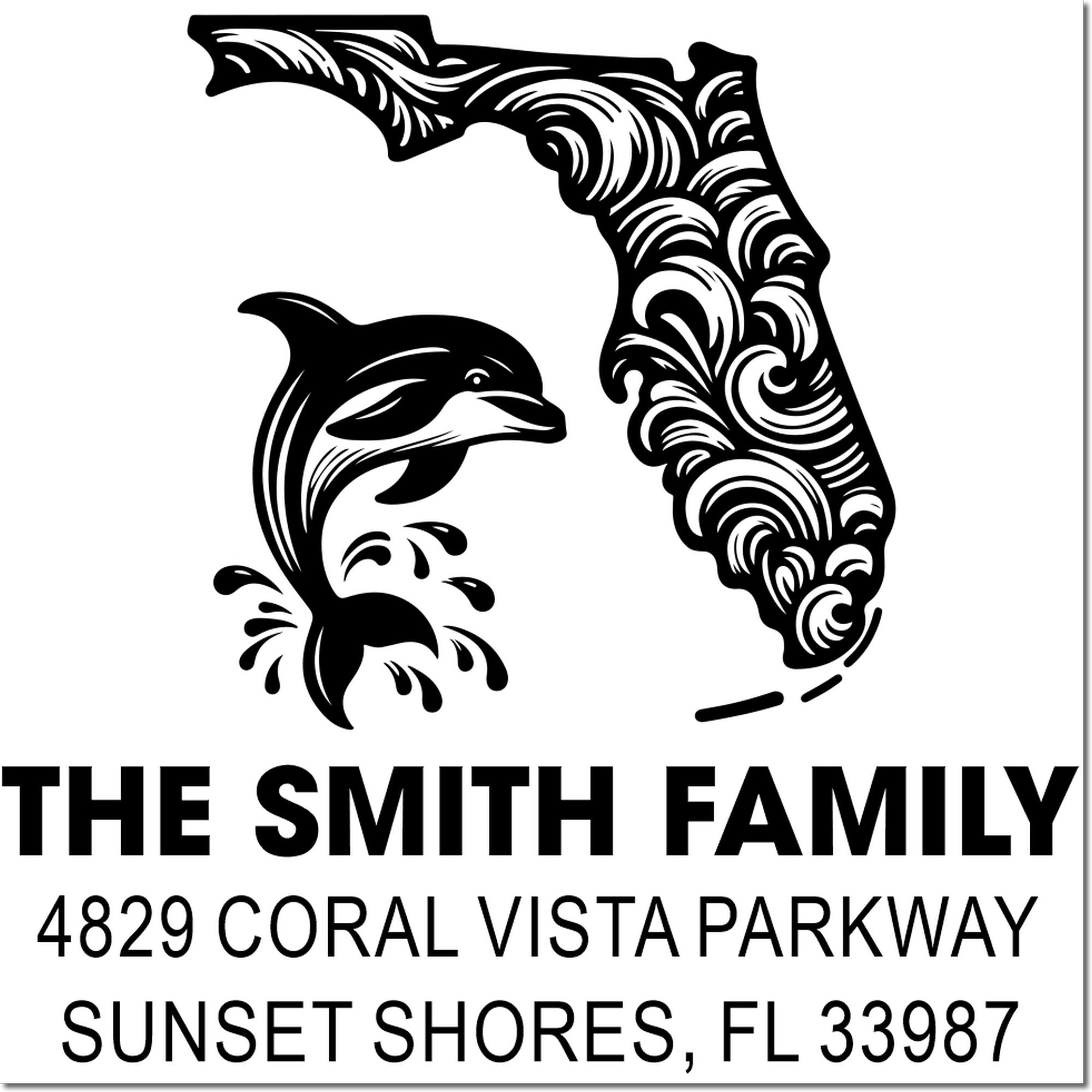 Custom Florida dolphin family address rubber stamp with personalized name and mailing address for envelopes.