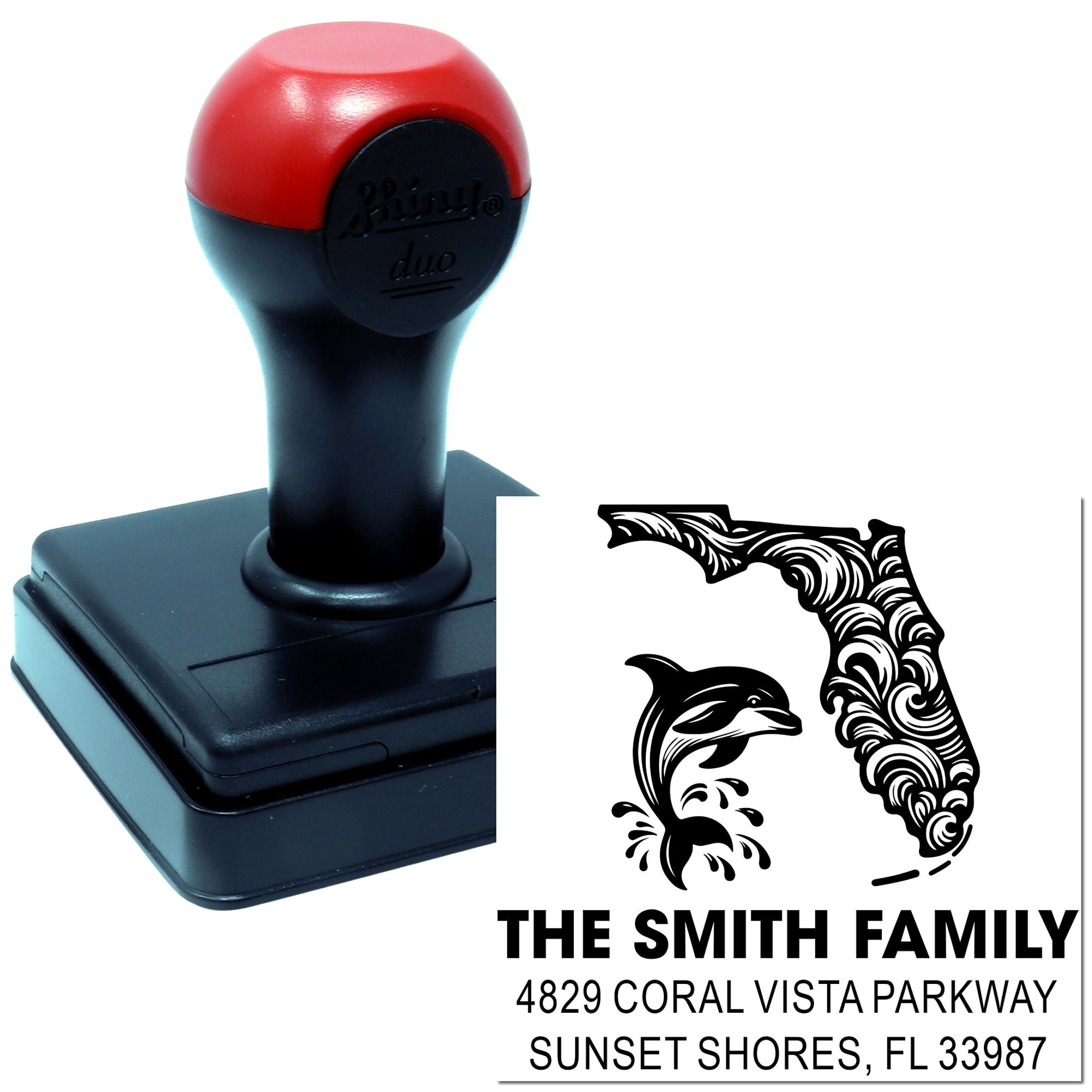 Custom self-inking rubber stamp with Florida dolphin return address design for envelopes, mail, and family correspondence.