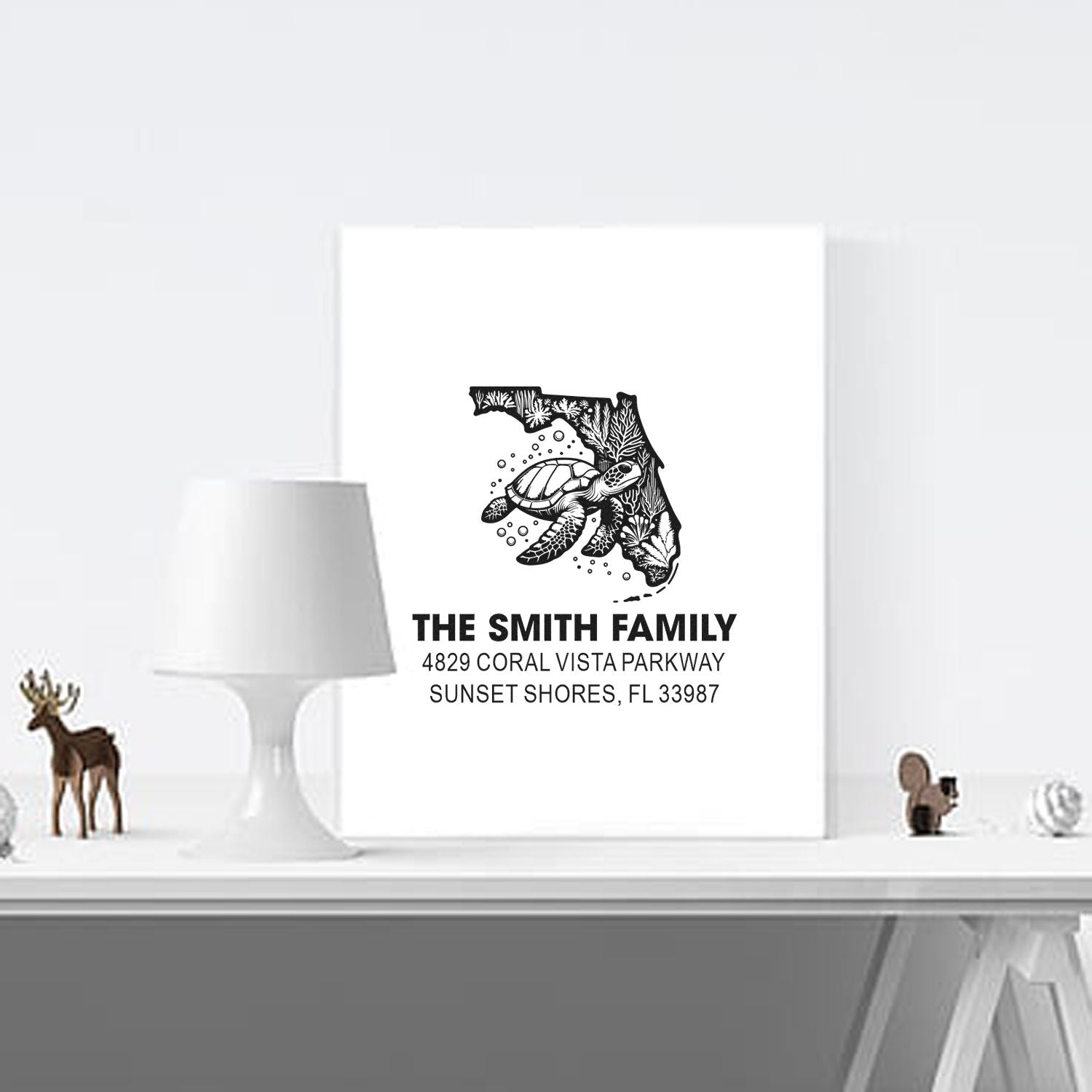 Custom return address rubber stamp with Florida sea turtle family name and address design