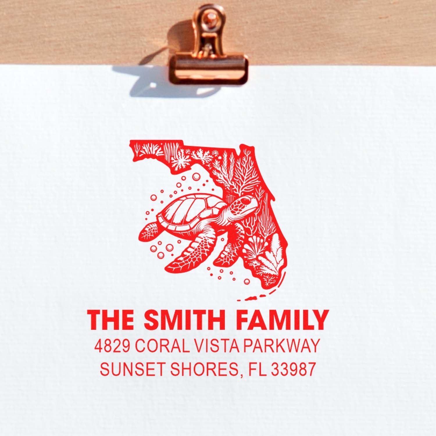 Personalized Florida family address rubber stamp for The Smith Family with sea turtle design.