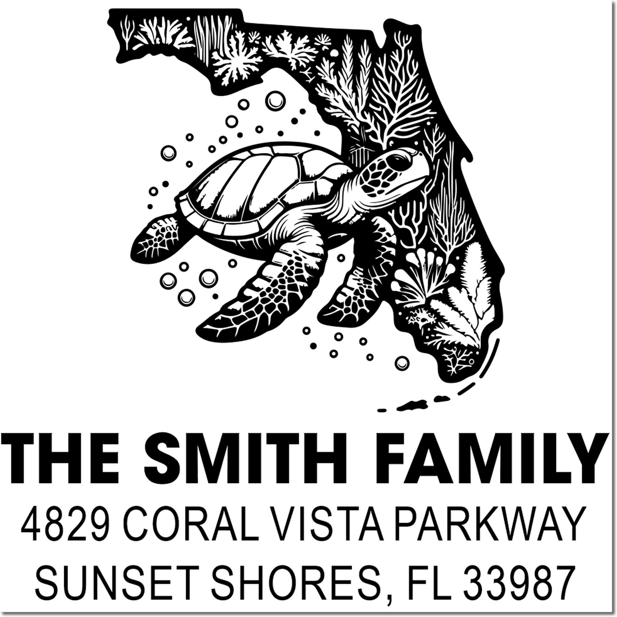 Custom address rubber stamp with Florida sea turtle logo for The Smith Family, 4829 Coral Vista Parkway, Sunset Shores, FL 33987