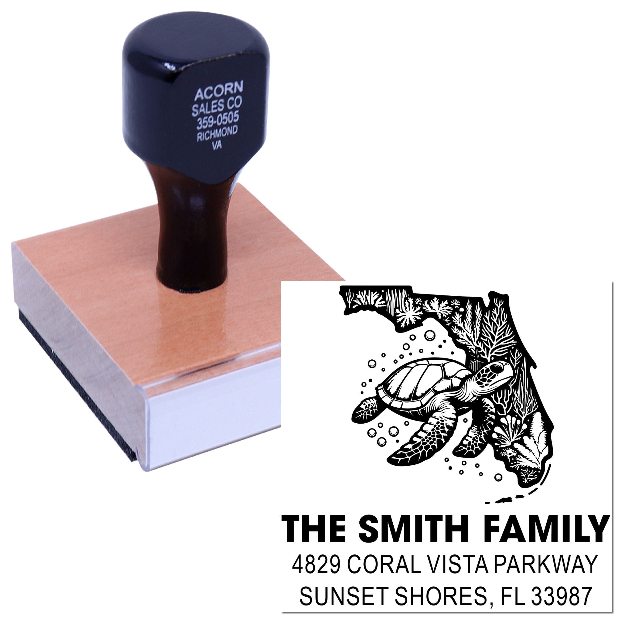 Custom Florida address rubber stamp with sea turtle design for personalized return addresses and family mailing labels.