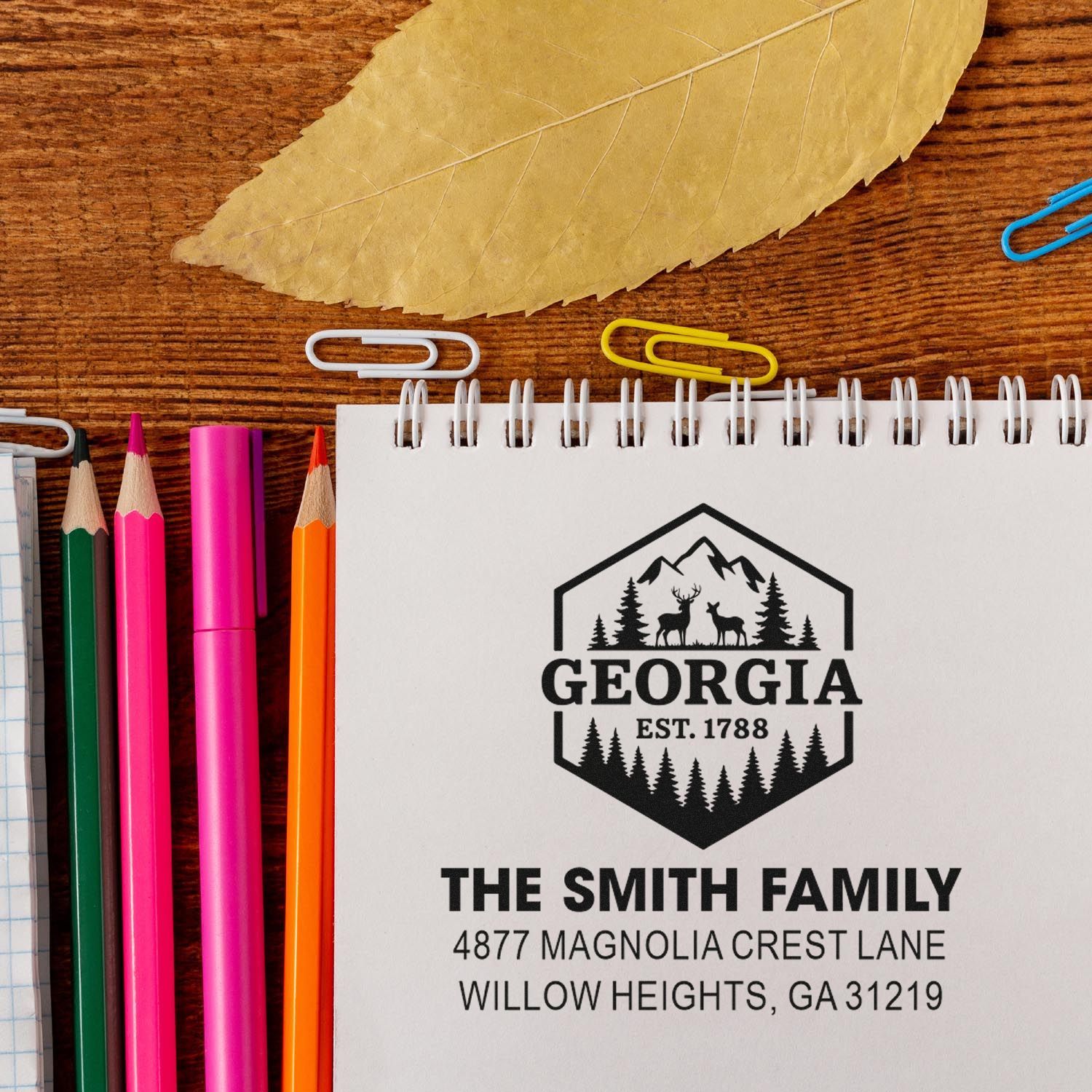 Custom Georgia return address rubber stamp with mountain deer design for personalized family mail and stationery.