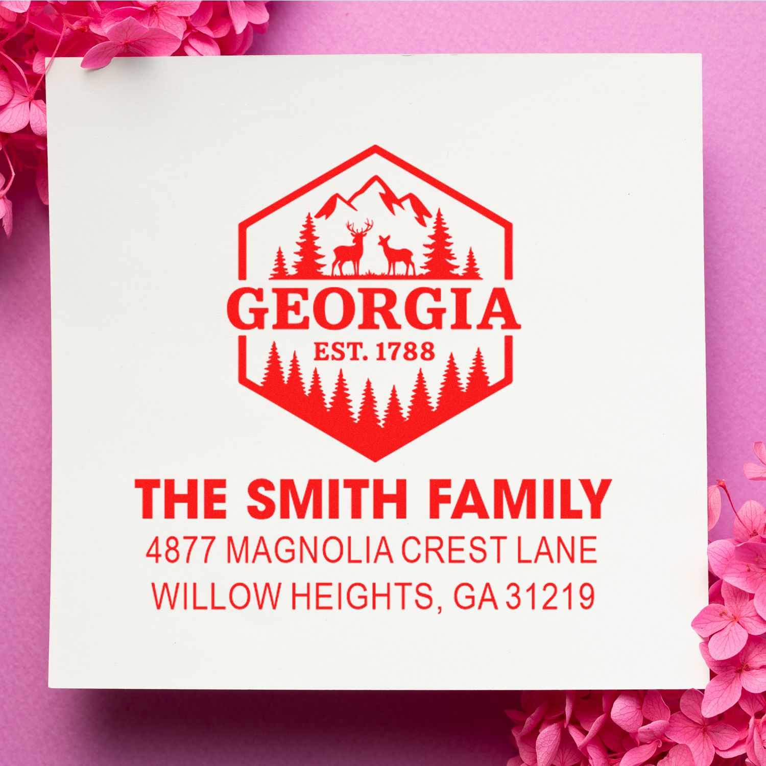 Personalized Georgia return address rubber stamp for The Smith Family, with mountain deer logo and Willow Heights, GA address.