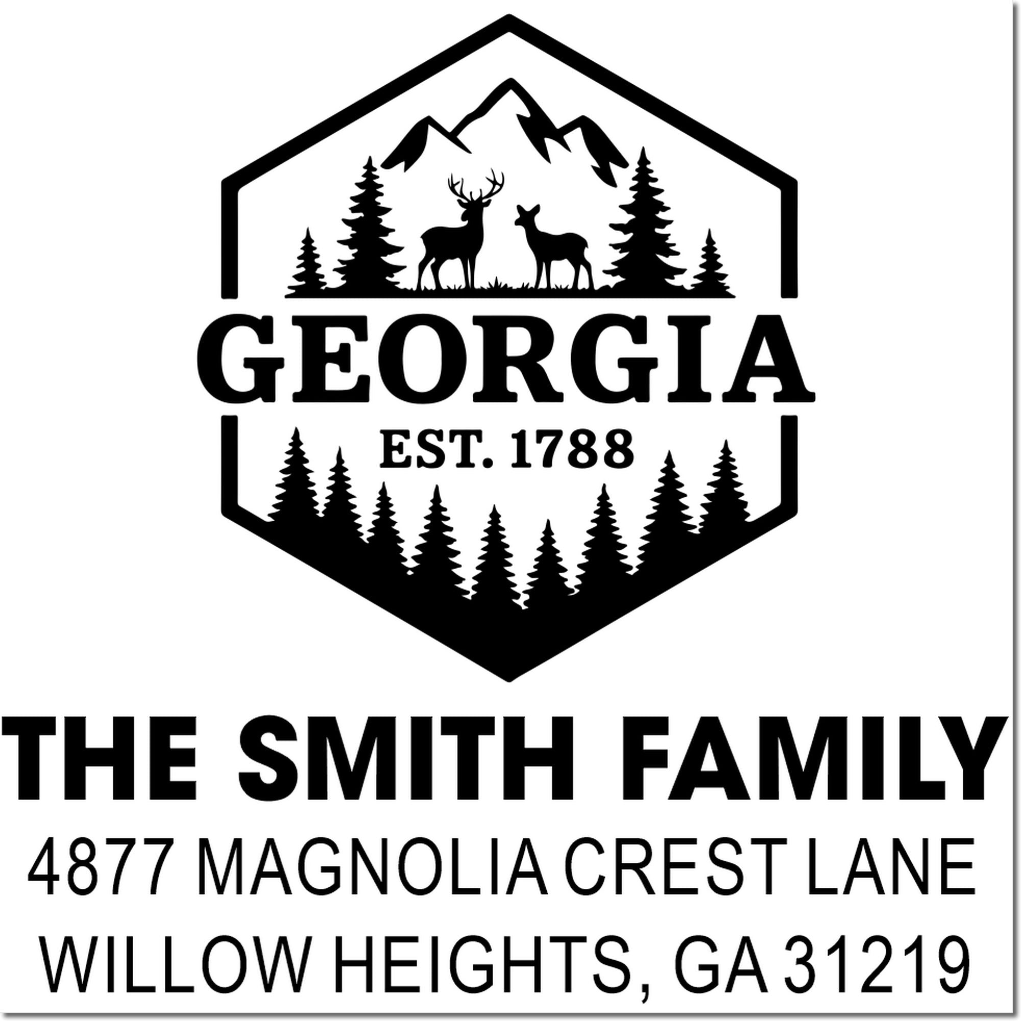 Custom Georgia family return address rubber stamp with deer, mountains and trees, featuring The Smith Family and Willow Heights, GA.