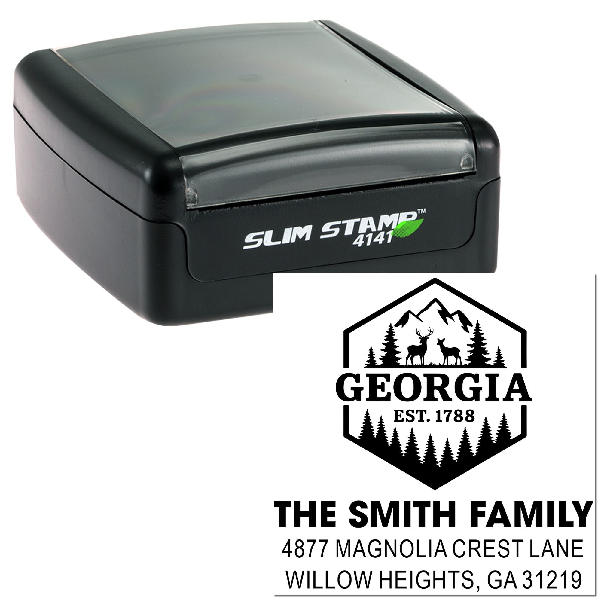 Custom Slim Stamp 4141 self-inking rubber stamp with Georgia family return address logo and personalized mailing imprint