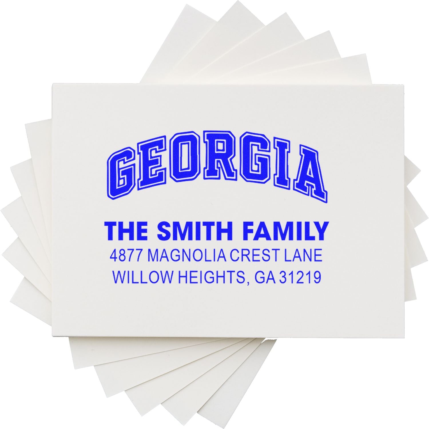 Custom Georgia return address rubber stamp for The Smith Family, featuring personalized name and address imprint.