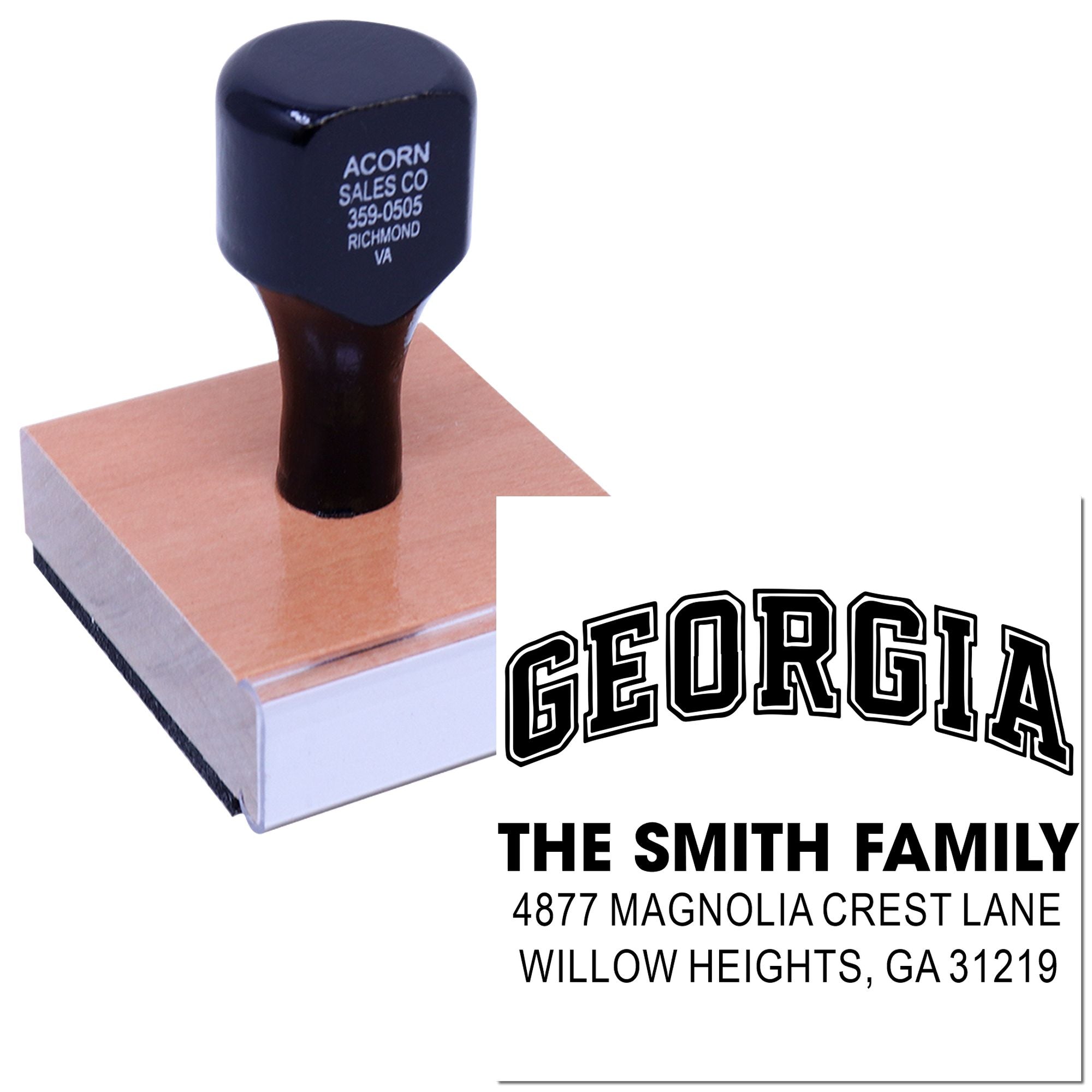 Custom Georgia address rubber stamp with family name and mailing address for personalized envelopes.