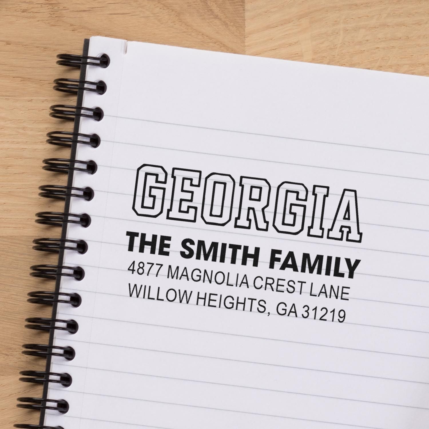 Custom return address rubber stamp for The Smith Family in Georgia with name and mailing address stamp impression
