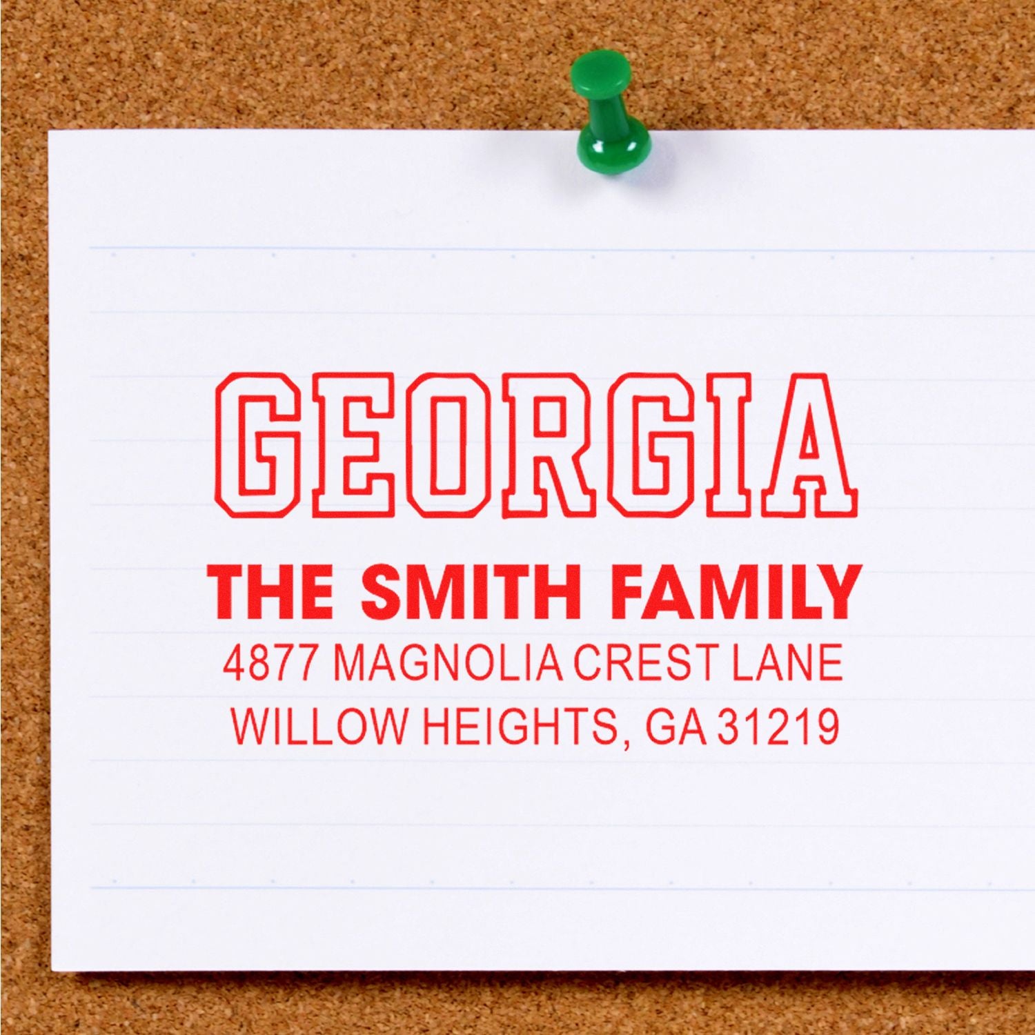 Custom Georgia return address rubber stamp for The Smith Family with name and mailing address