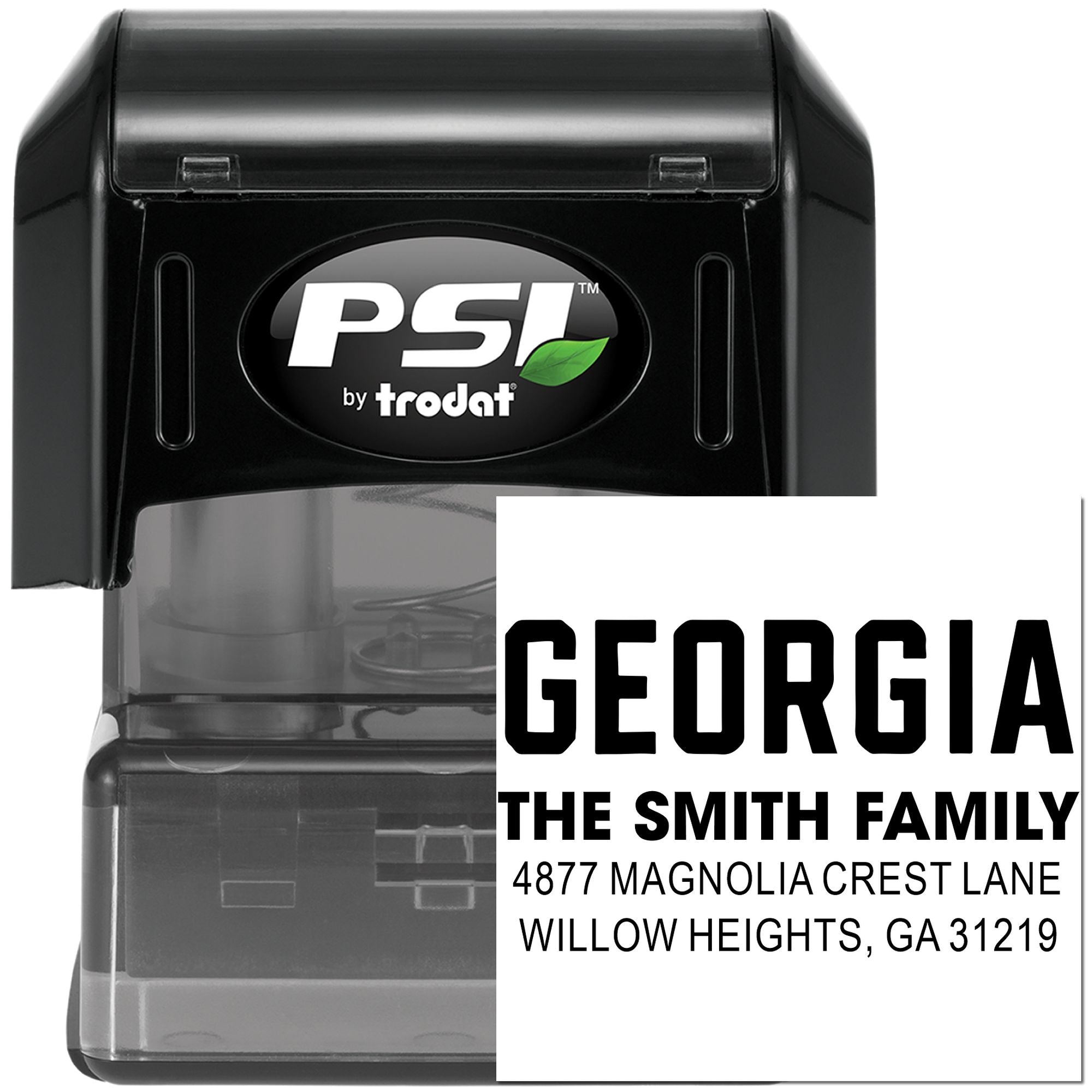 PSI by Trodat custom address rubber stamp with Georgia family name and mailing address imprint preview