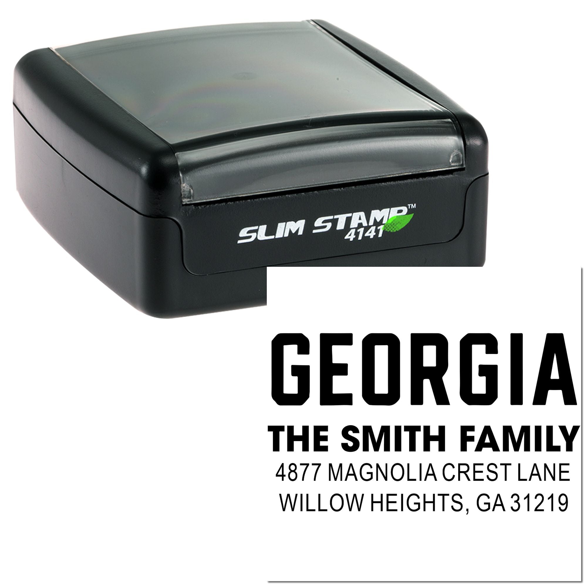 Slim Stamp 4141 self-inking custom address rubber stamp for Georgia family mail, featuring The Smith Family return address imprint.