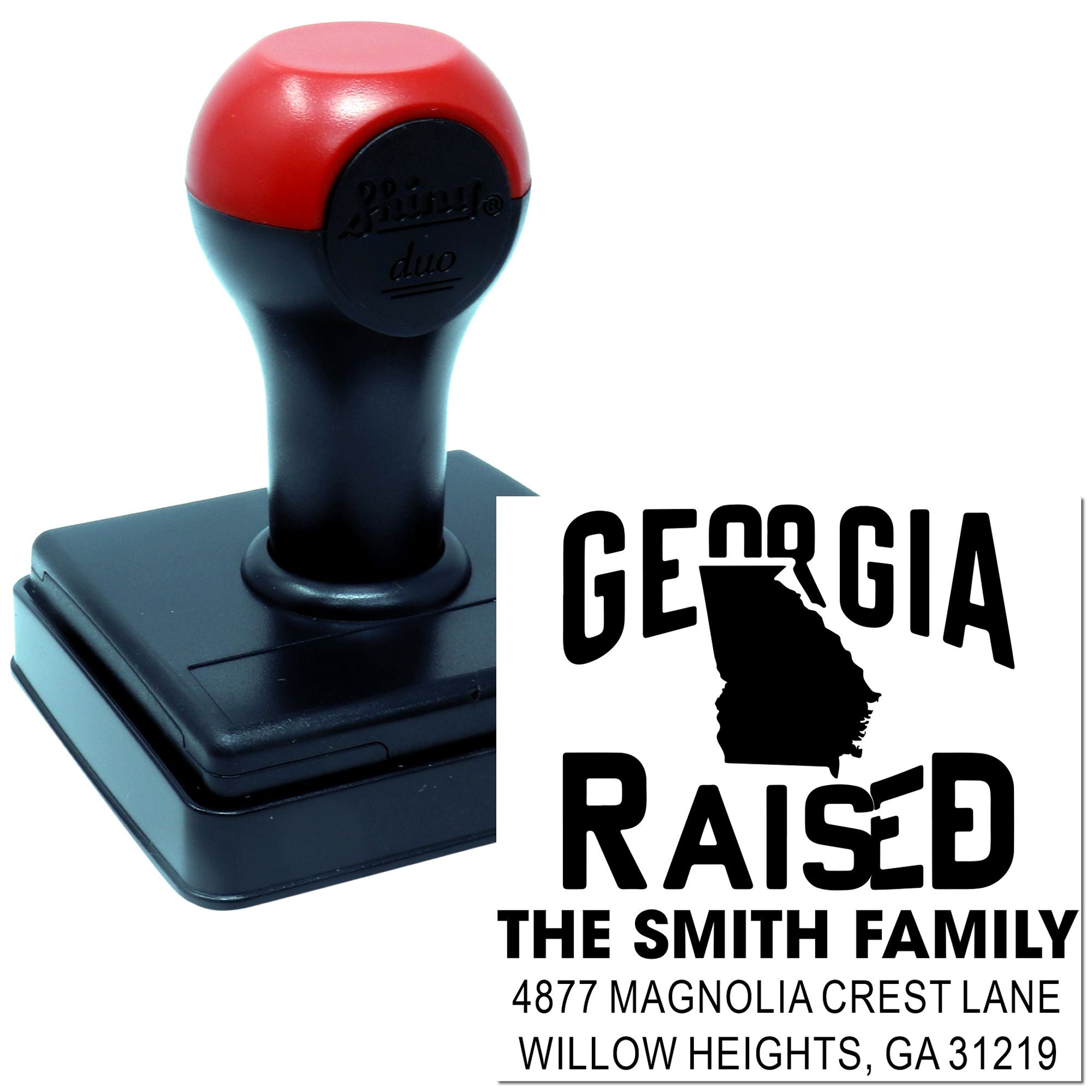 Georgia Raised custom self-inking return address rubber stamp with family name and mailing address for envelopes.
