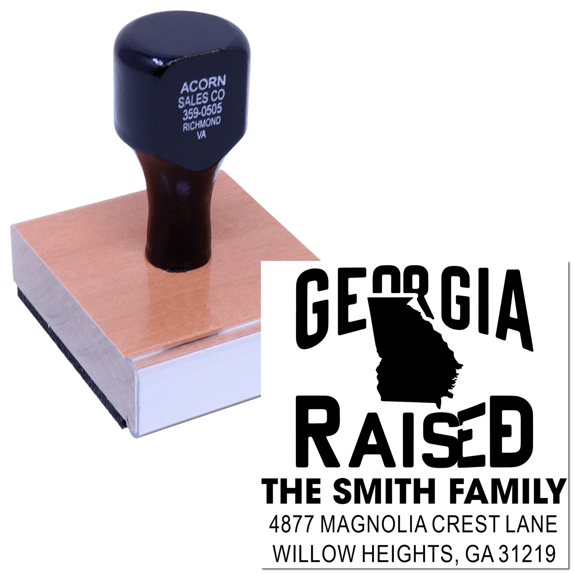 Personalized Georgia return address rubber stamp with family name, state outline, and custom mailing address for home use.