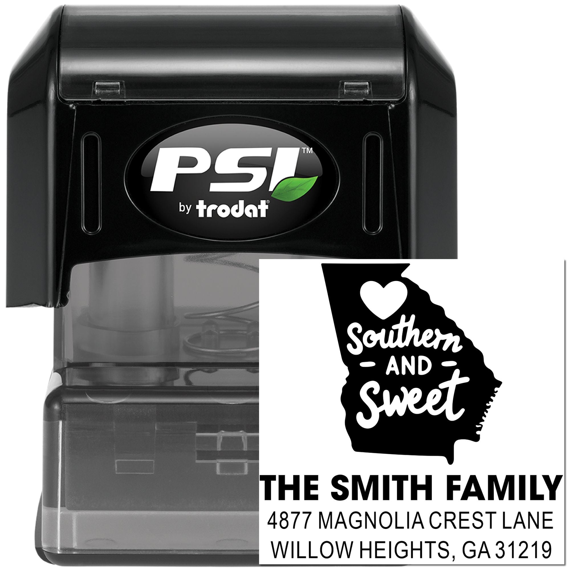 Custom self-inking rubber address stamp with Georgia Southern and Sweet design for personalized family mail.