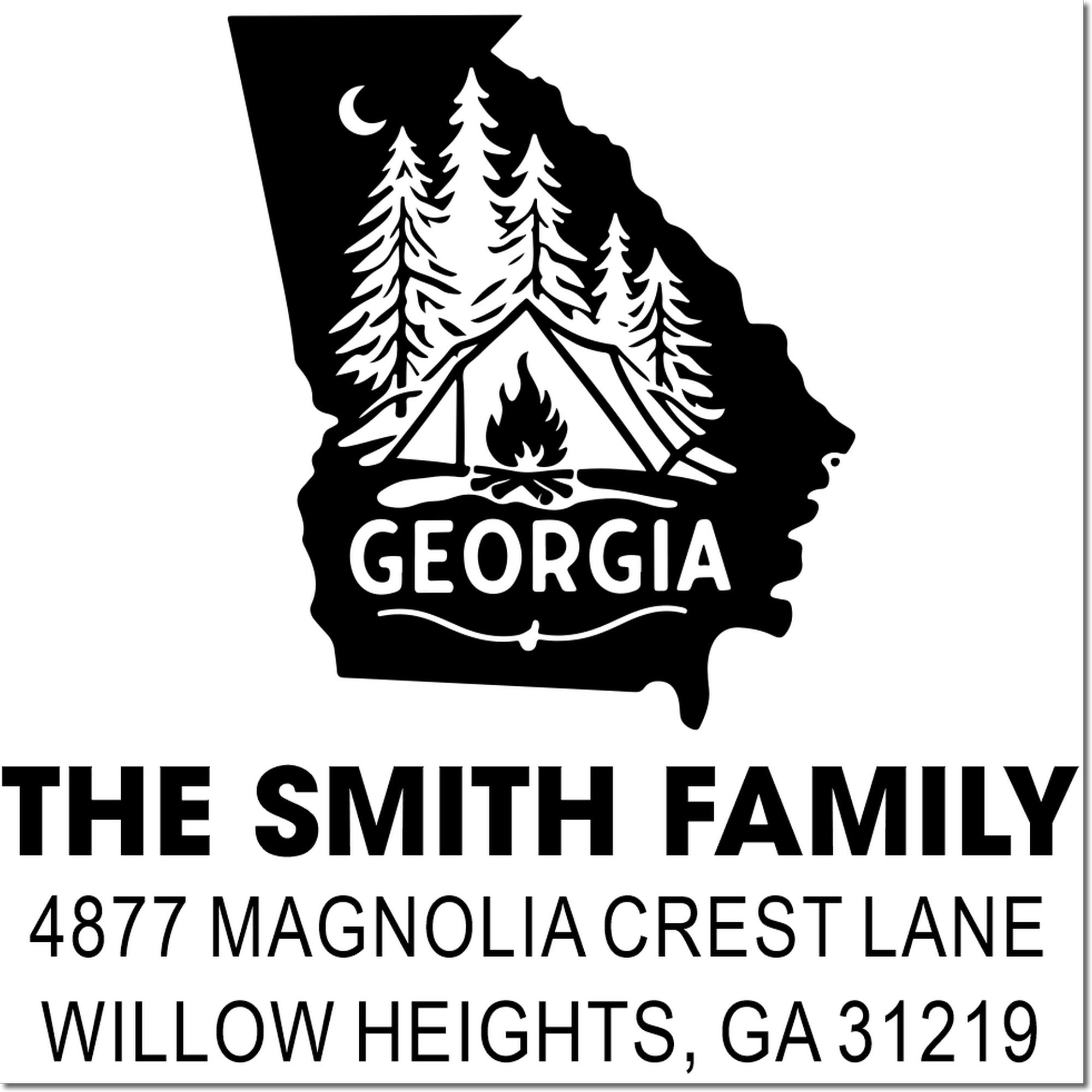 Georgia camping return address rubber stamp with pine trees, tent, and personalized family address