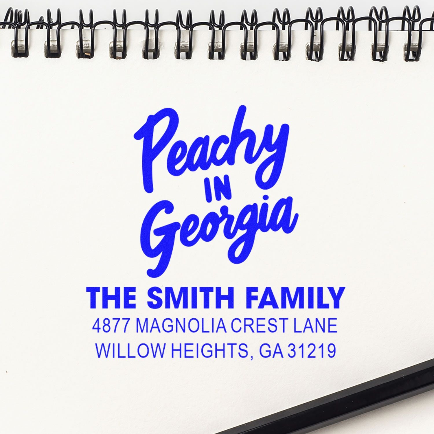 Peachy in Georgia custom rubber stamp with The Smith Family address for personalized return mail, Willow Heights, GA 31219.