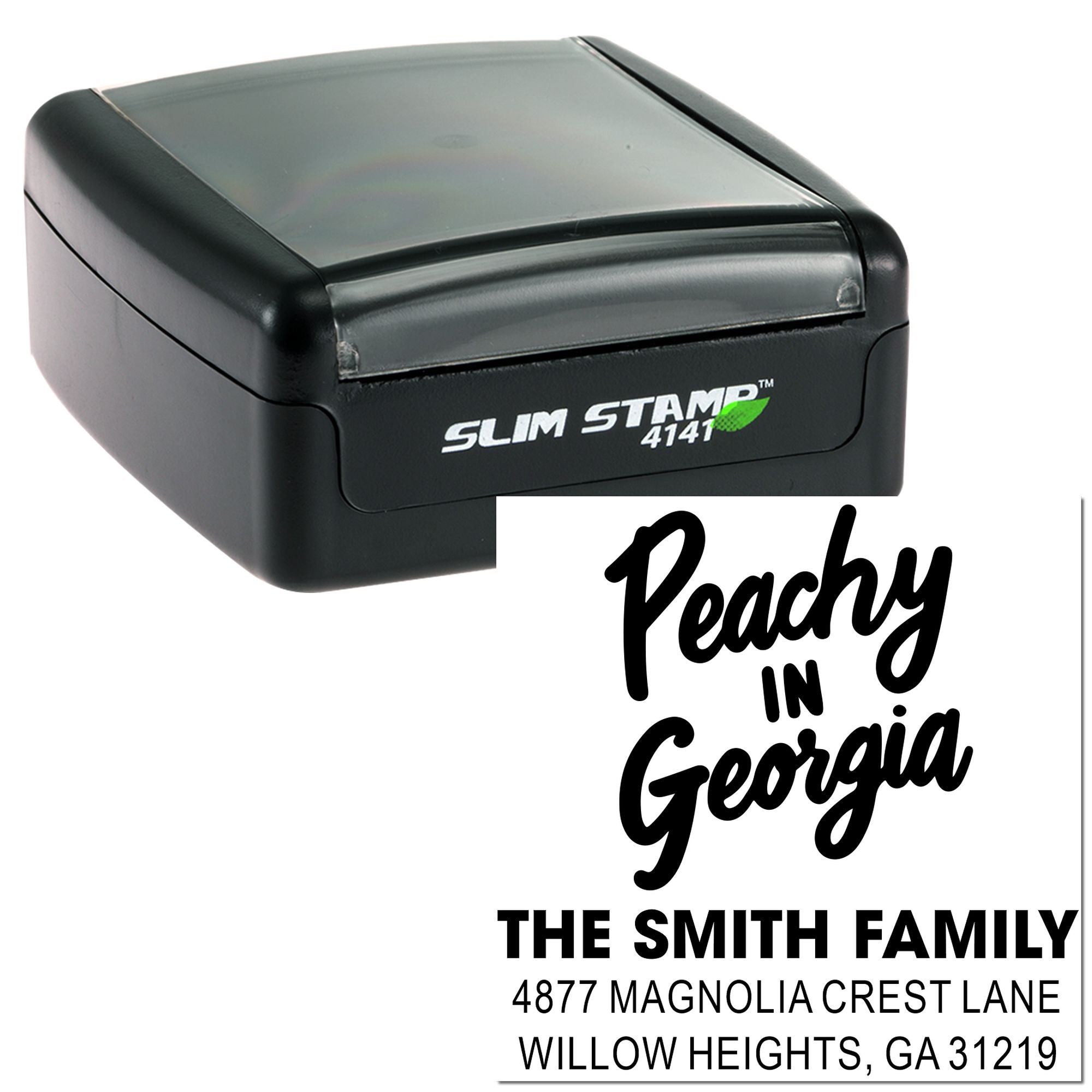 Custom self-inking address rubber stamp with Peachy in Georgia design for The Smith Family, Willow Heights, GA