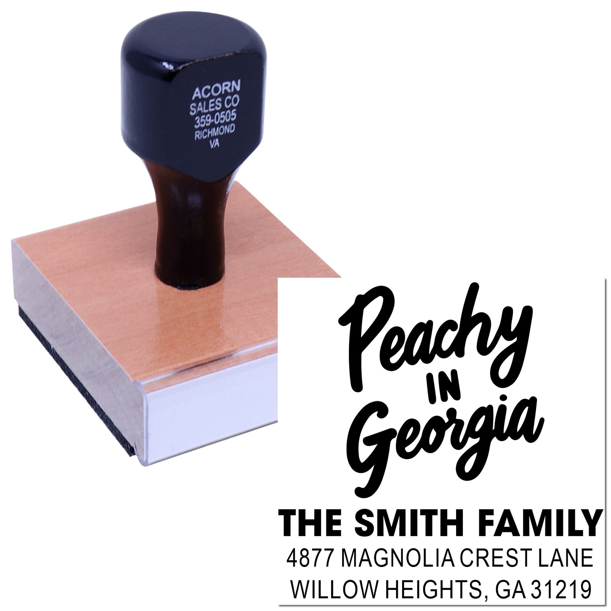 Personalized return address rubber stamp with Peachy in Georgia design for The Smith Family, Willow Heights, GA