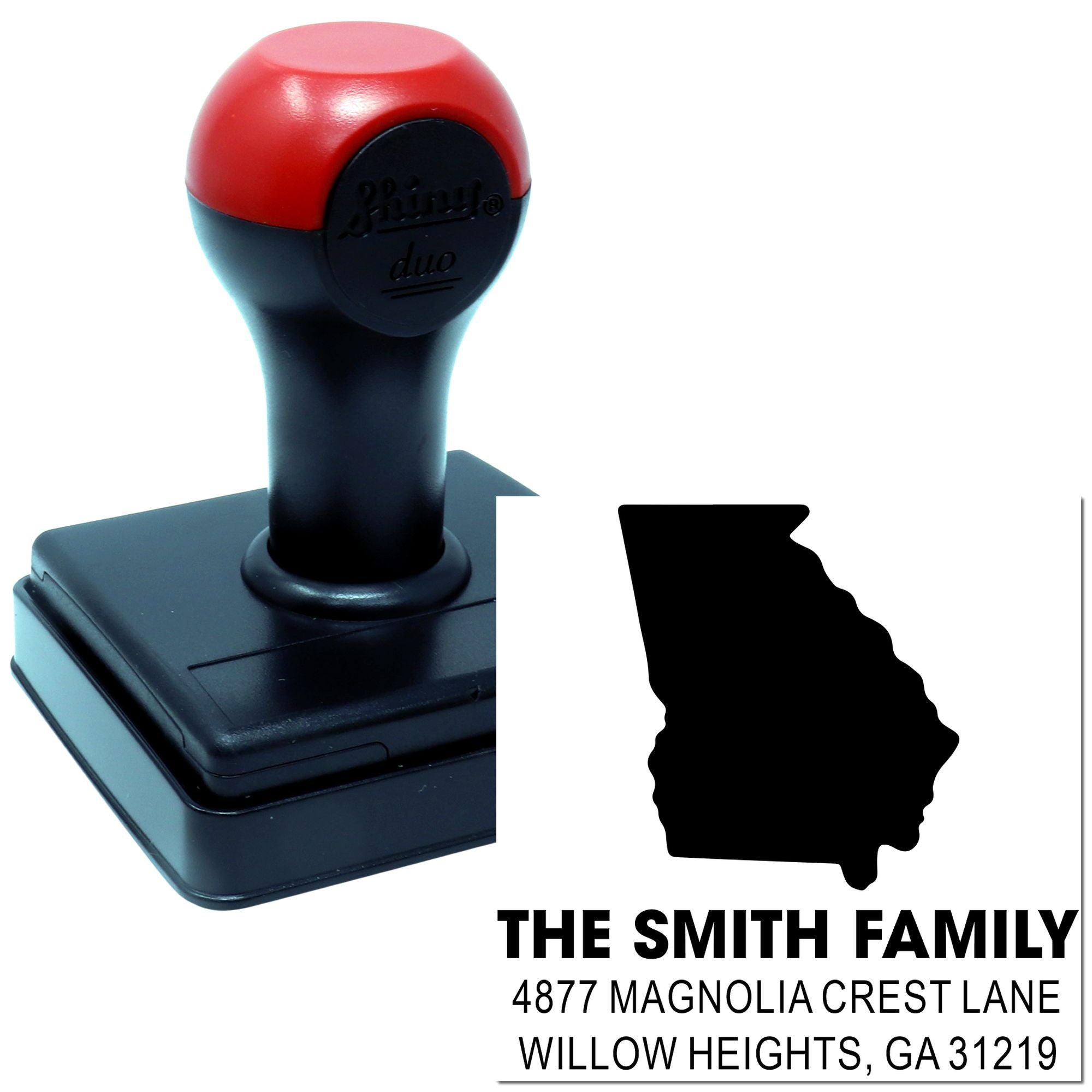 Custom self-inking return address rubber stamp with Georgia silhouette for Smith family mailings