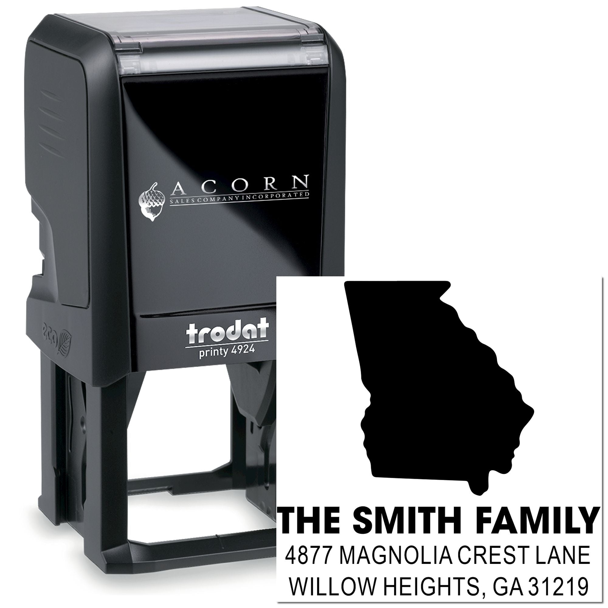 Custom self-inking rubber stamp with Georgia outline and family return address for personalized envelopes and mail.