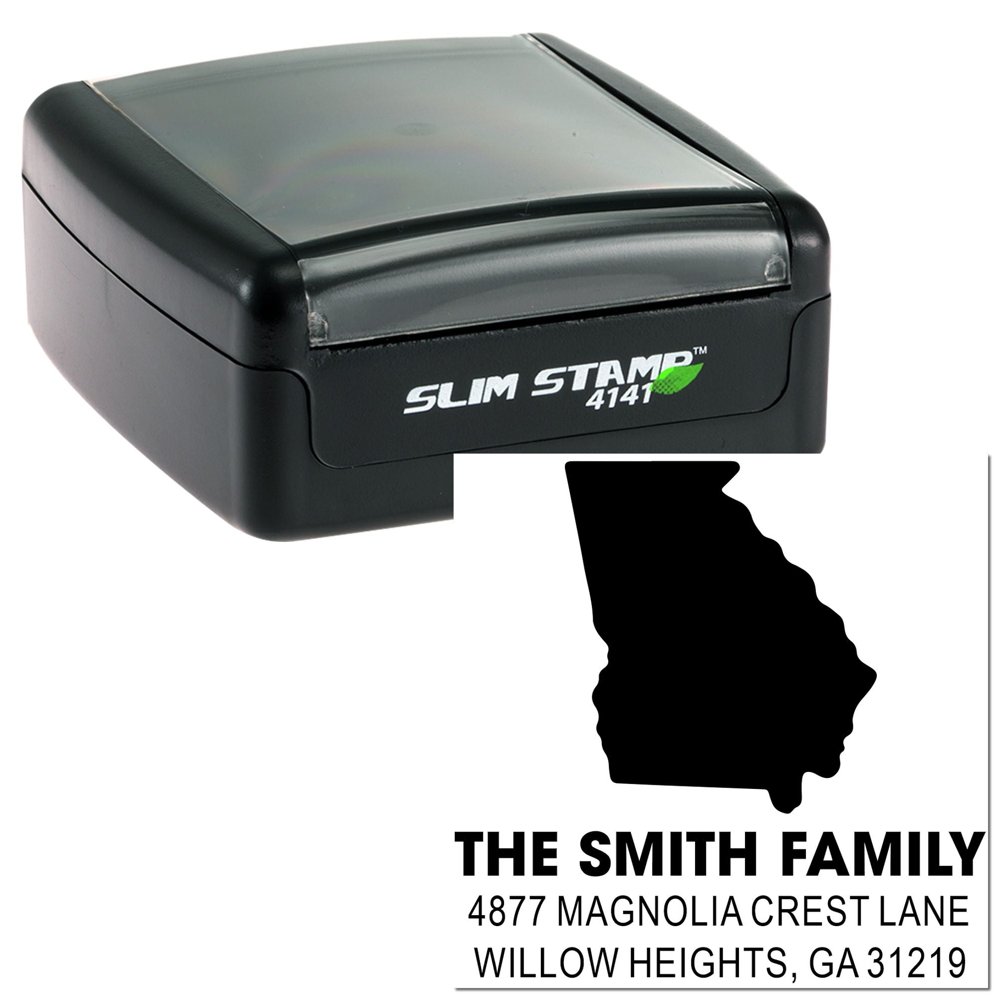 Custom self-inking return address rubber stamp with Georgia silhouette and The Smith Family mailing design.