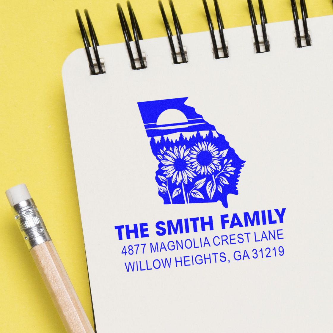 Personalized custom rubber address stamp for The Smith Family with Georgia silhouette and floral monogram return address.