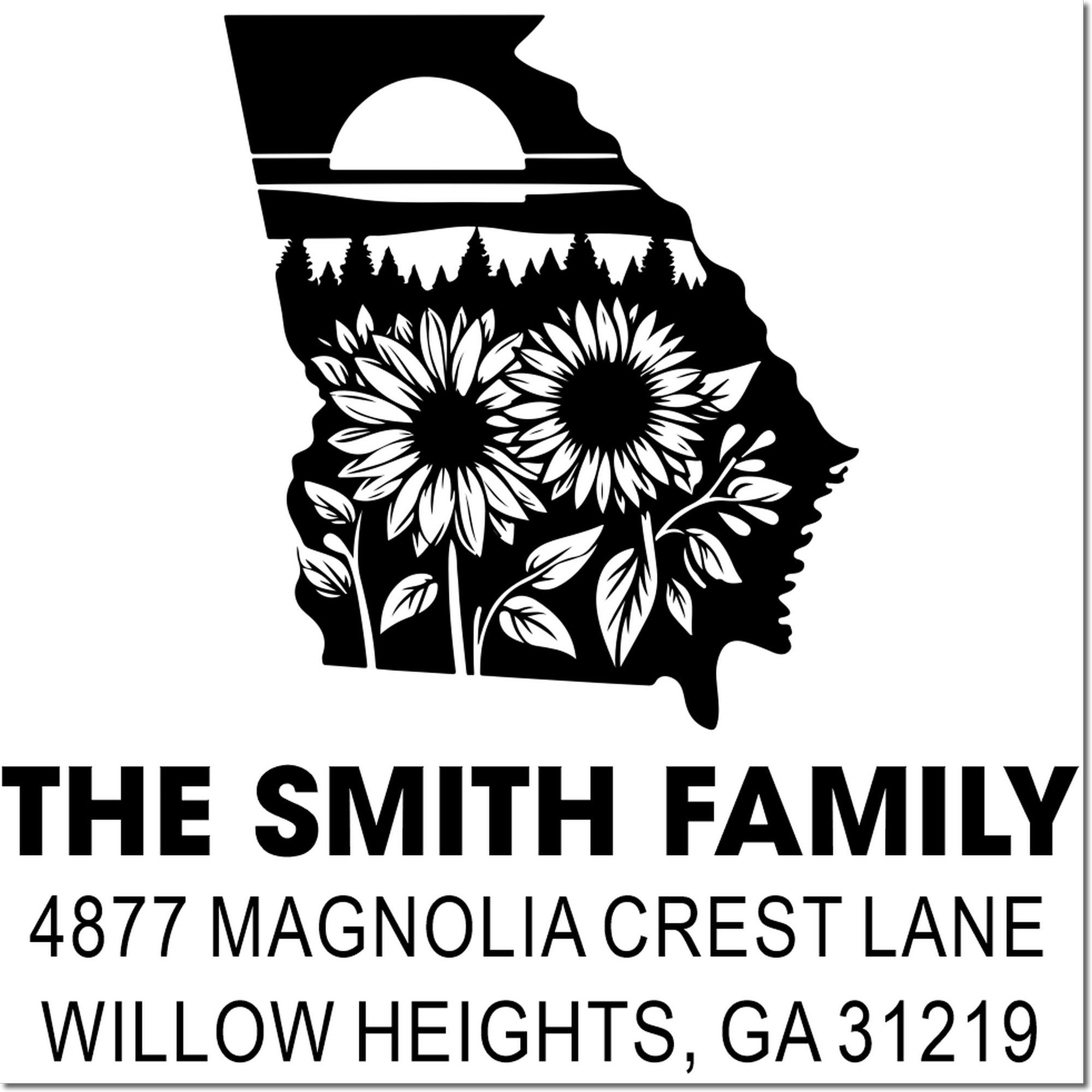 Personalized Georgia address rubber stamp with sunflower design, The Smith Family, Willow Heights, GA 31219