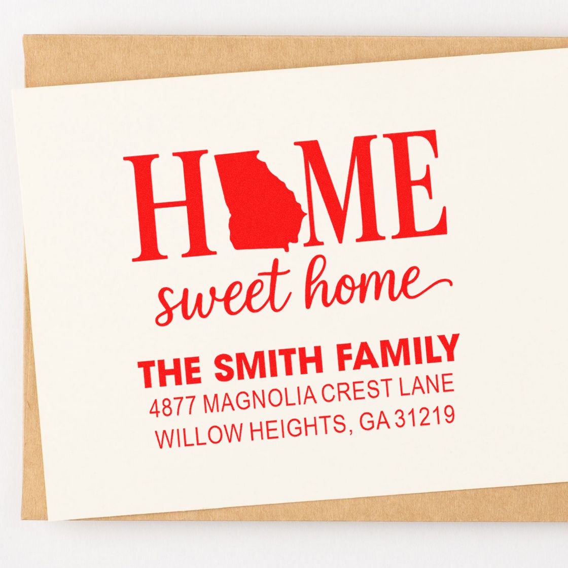 Personalized home sweet home rubber stamp with Georgia silhouette and Smith family address for custom mailing.