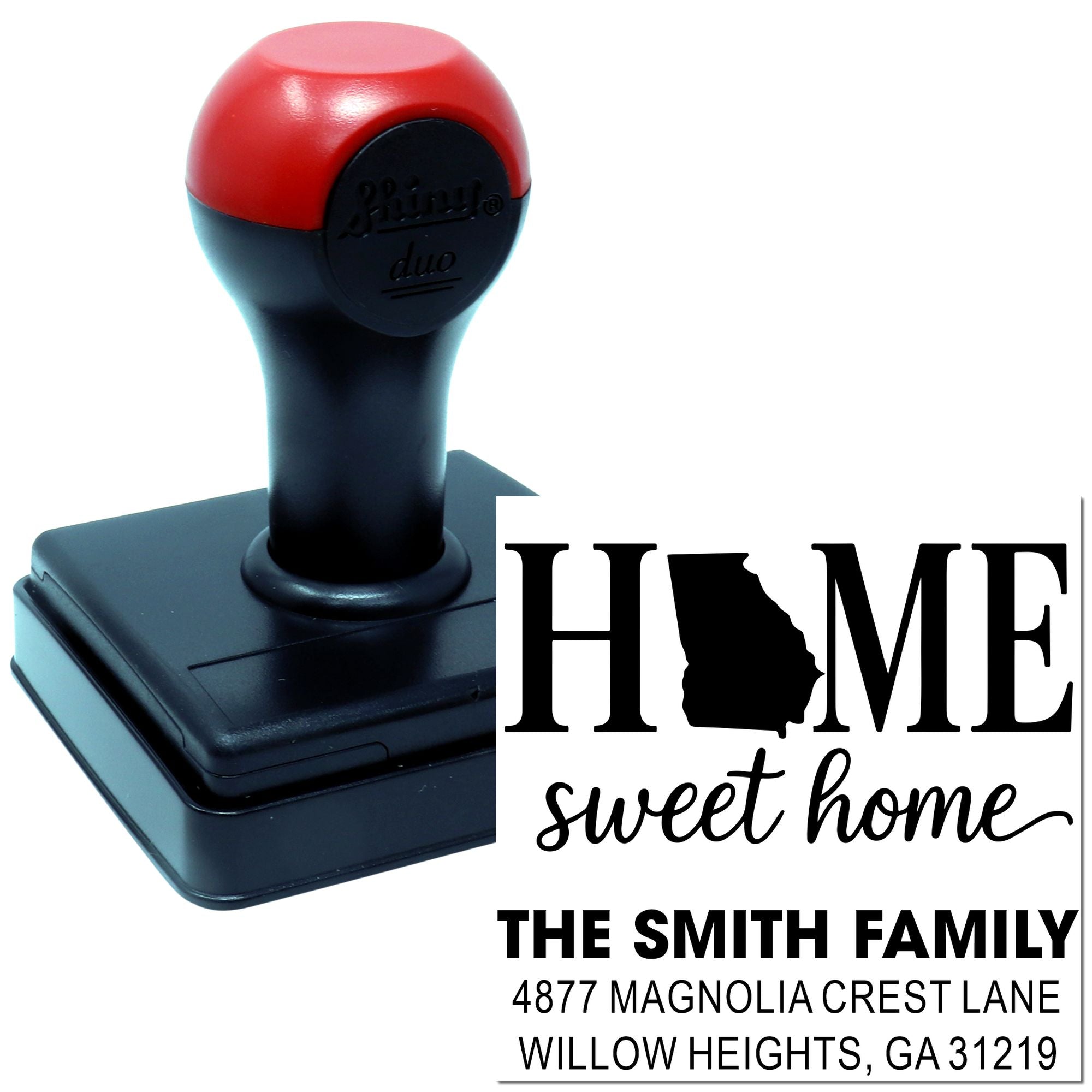 Custom self-inking address rubber stamp with Home sweet home design, family name, and mailing address imprint.
