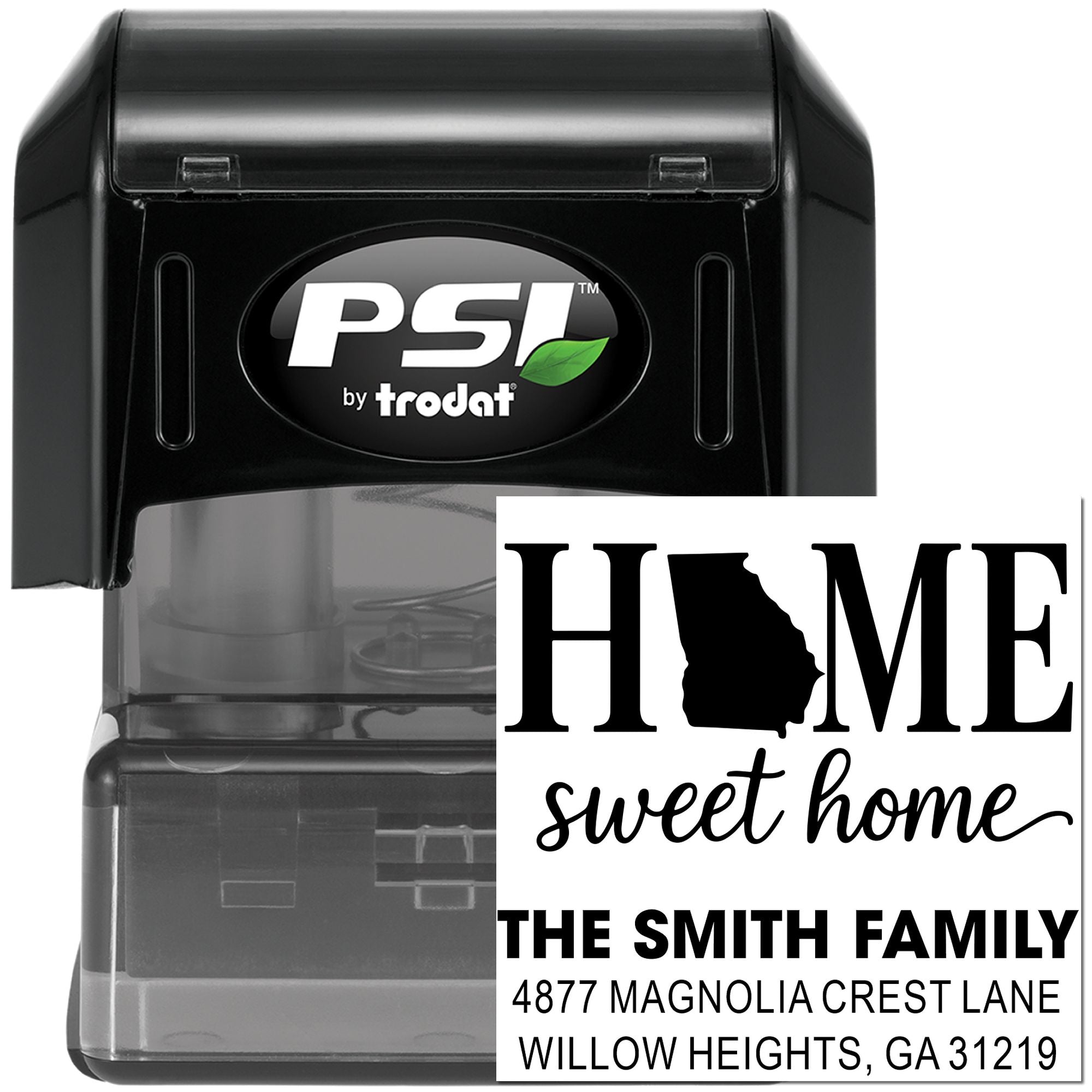 PSI by Trodat custom self-inking rubber stamp for home address labels with Home Sweet Home and family name.