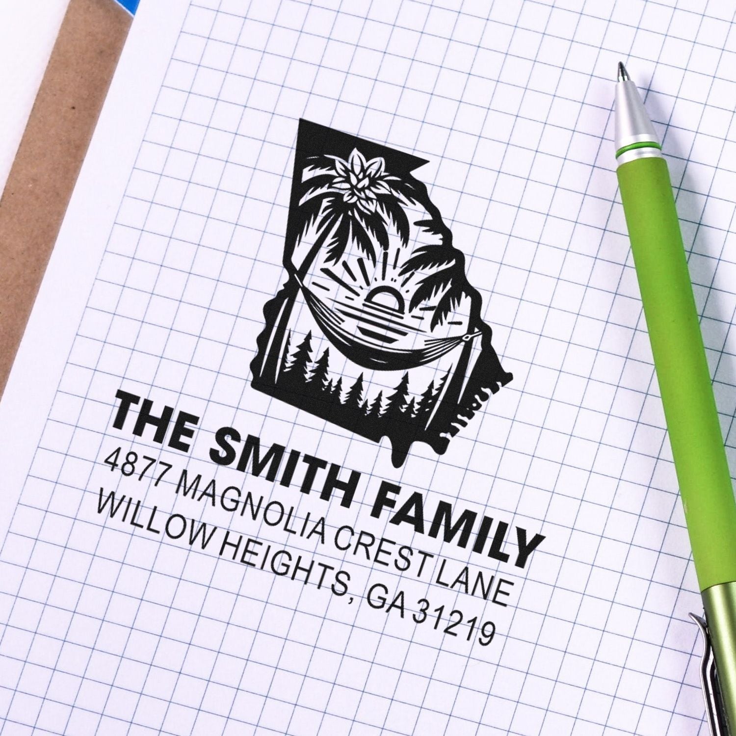 Custom return address rubber stamp for The Smith Family with tropical palm tree design, ideal for personalized mailing and packaging.