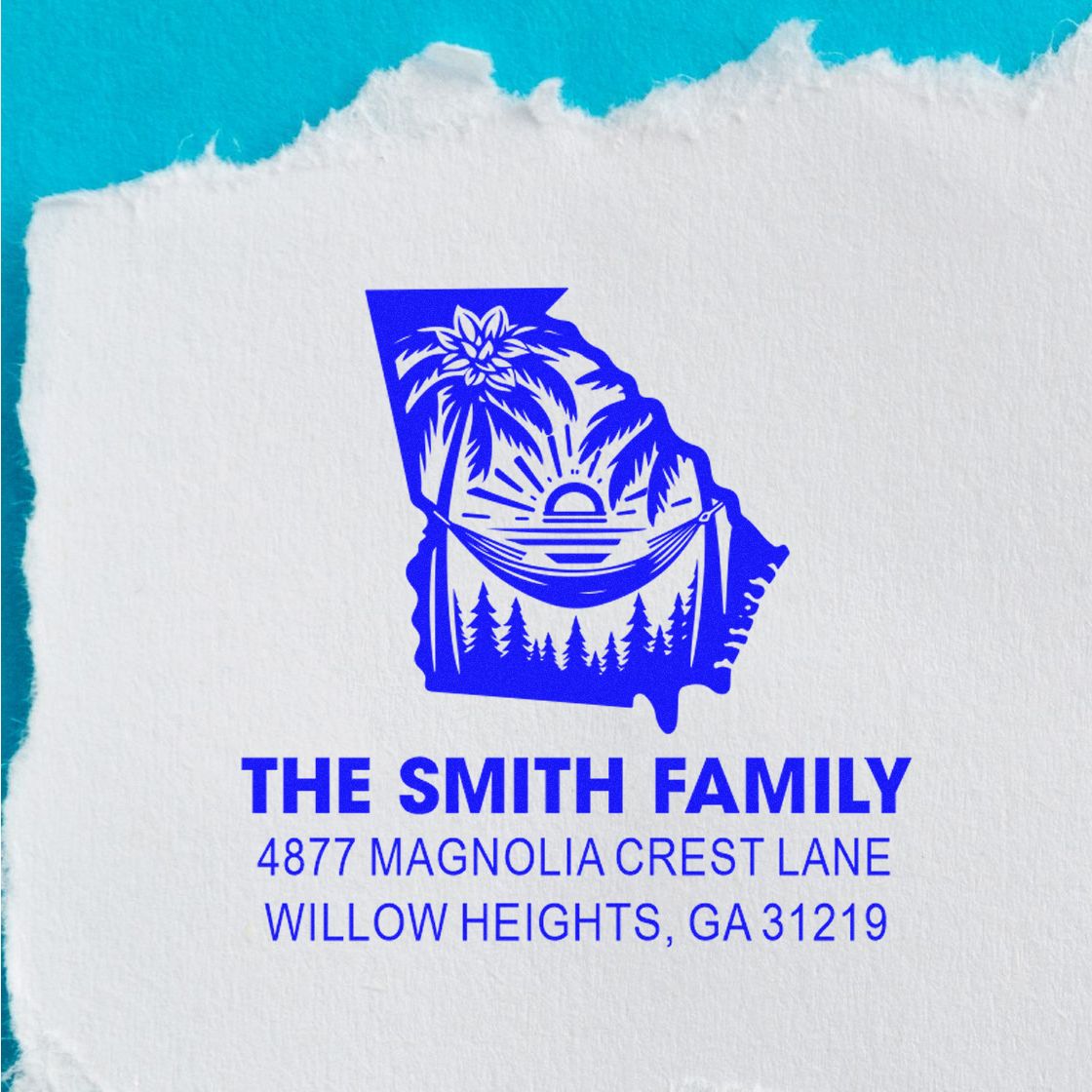 Custom return address rubber stamp with Georgia state beach design, The Smith Family, and personalized home address.