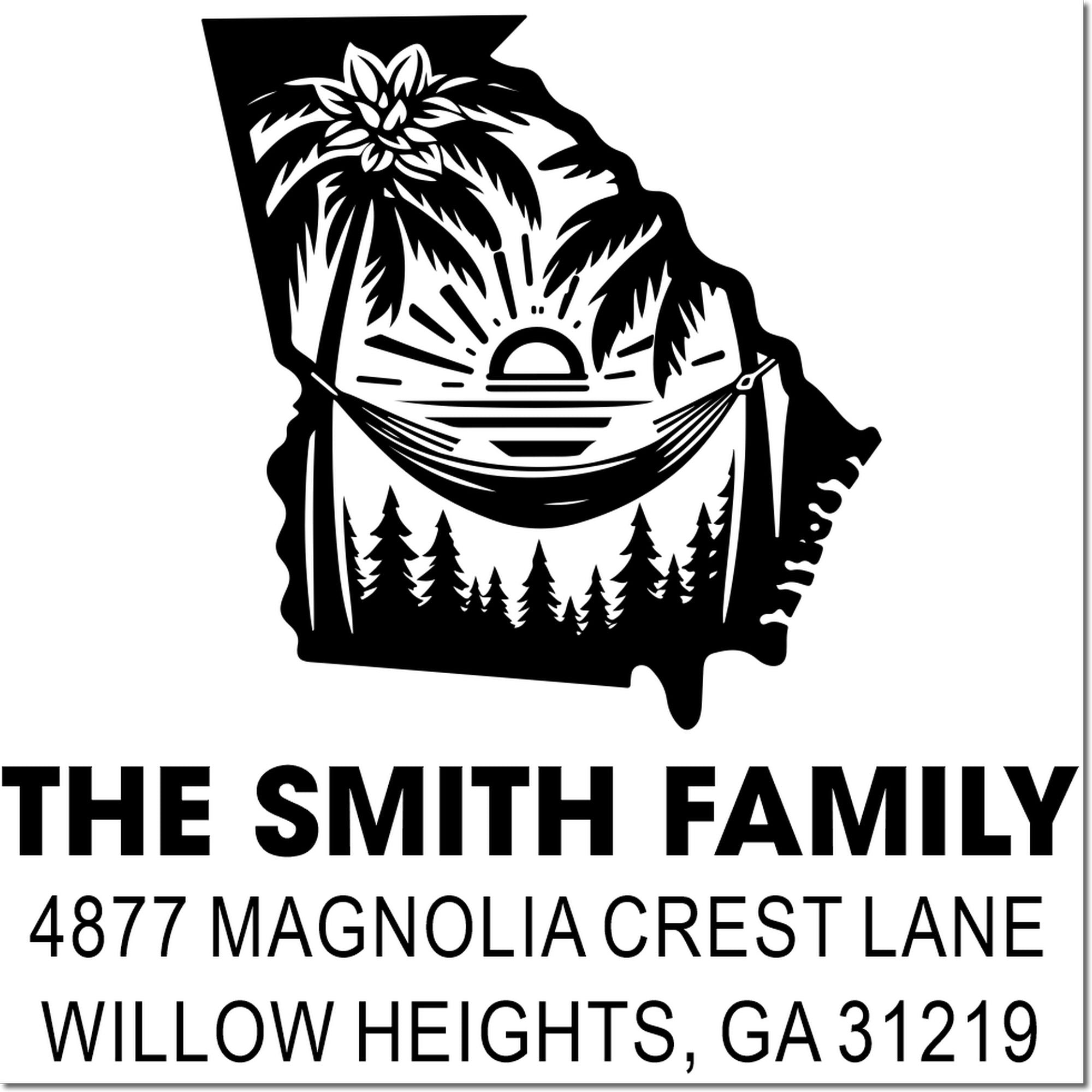 Custom family address rubber stamp with Georgia beach sunset design for The Smith Family, Willow Heights, GA 31219.