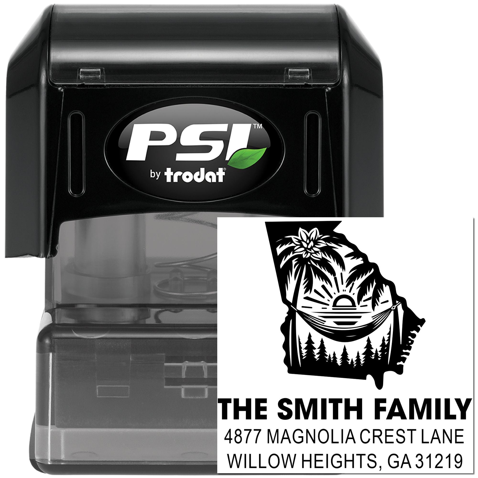 PSI by Trodat self-inking rubber stamp with custom family address design for personalized mailing and return address use.