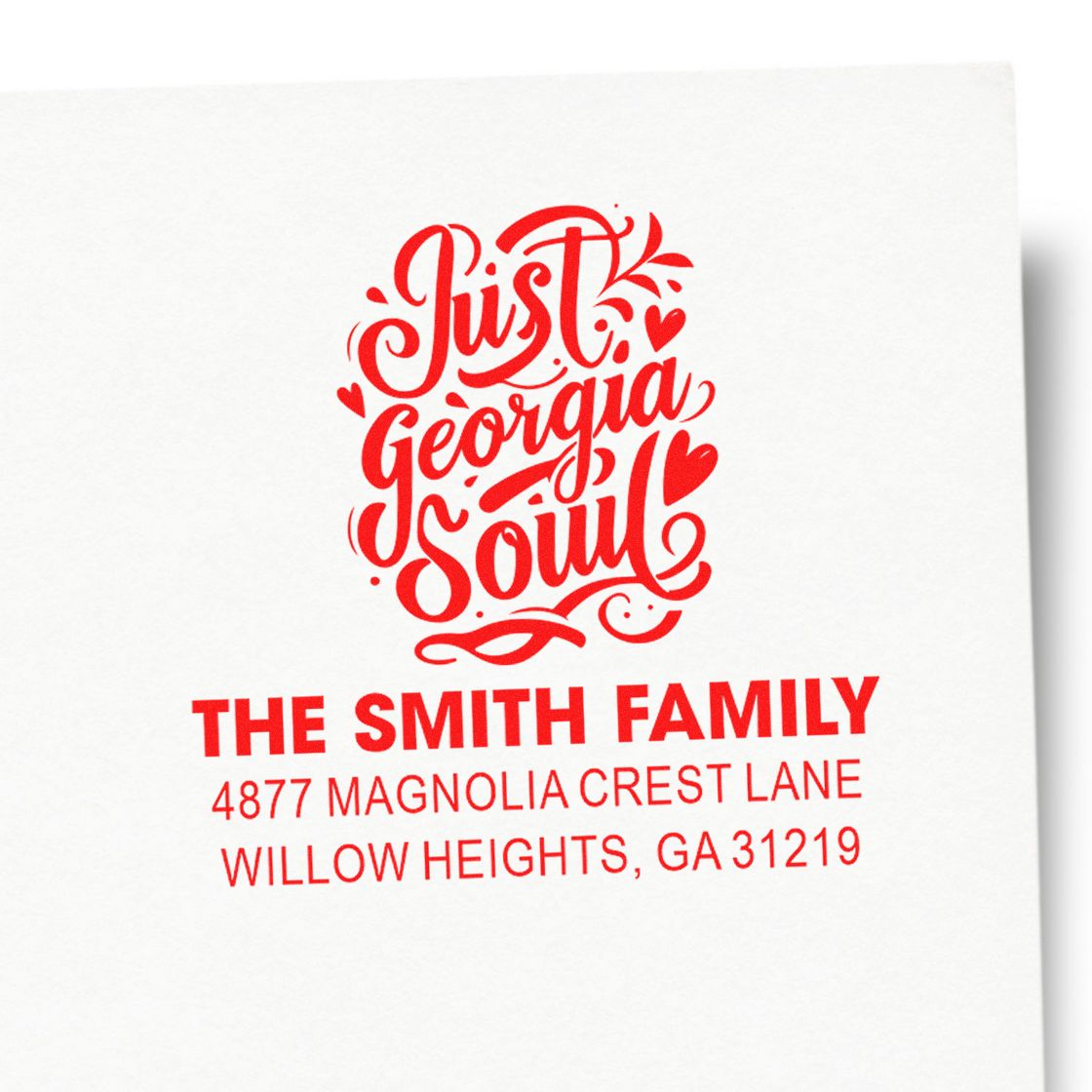 Custom address rubber stamp with Just Georgia Soul design for The Smith Family, Willow Heights, GA 31219.