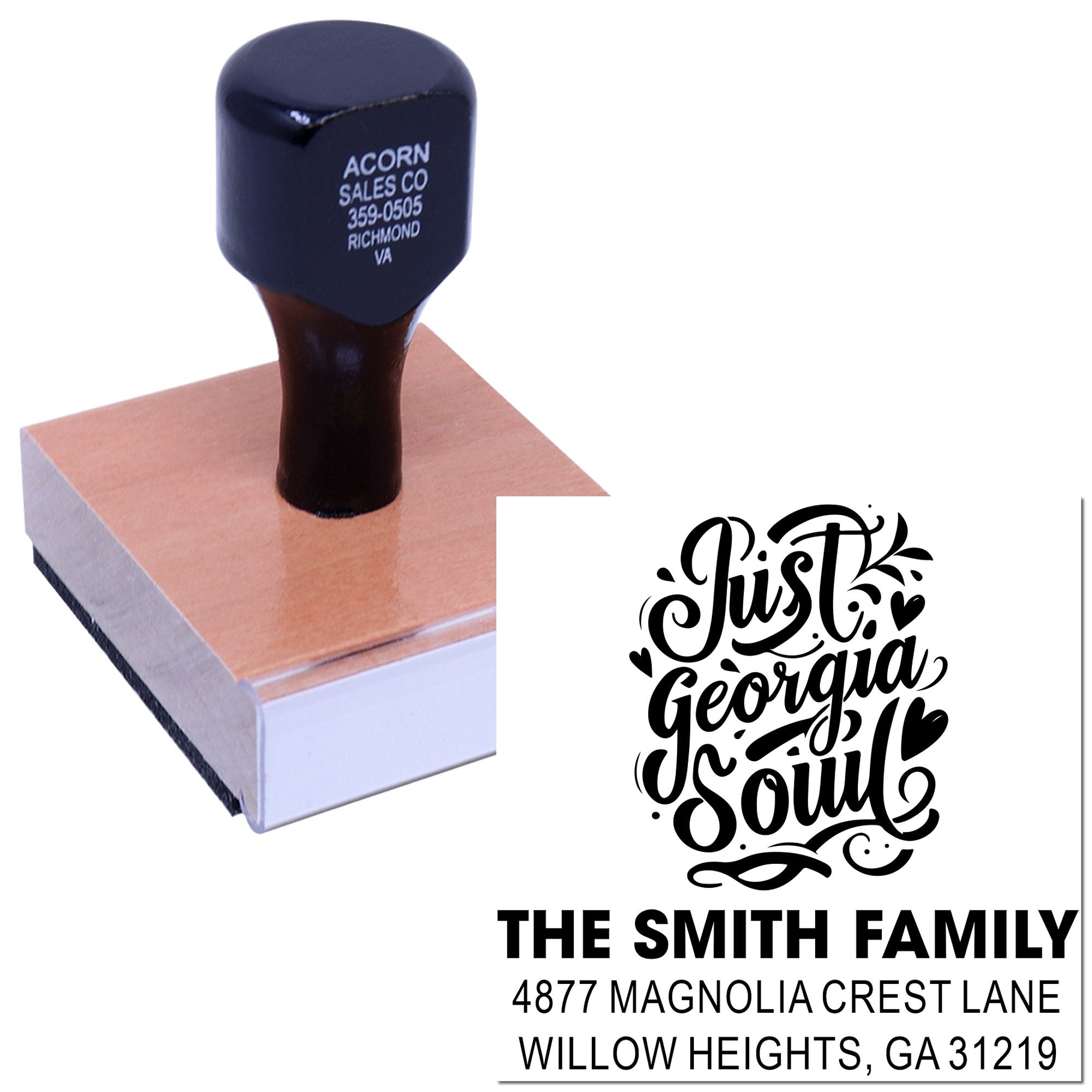Custom rubber address stamp with Just Georgia Soul design and The Smith Family return address for personalized mailing.