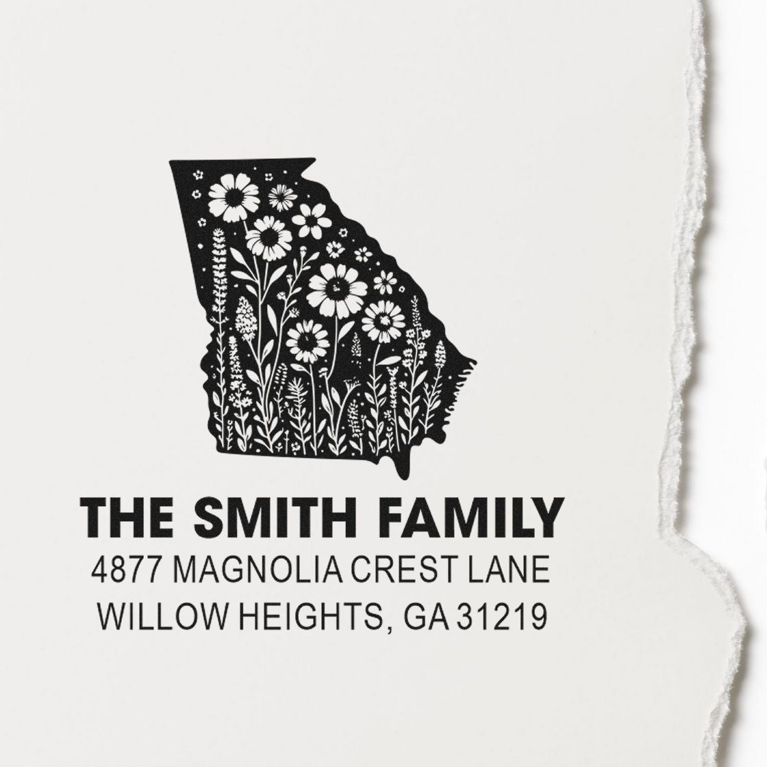 Custom Georgia floral return address rubber stamp for The Smith Family, Willow Heights, GA
