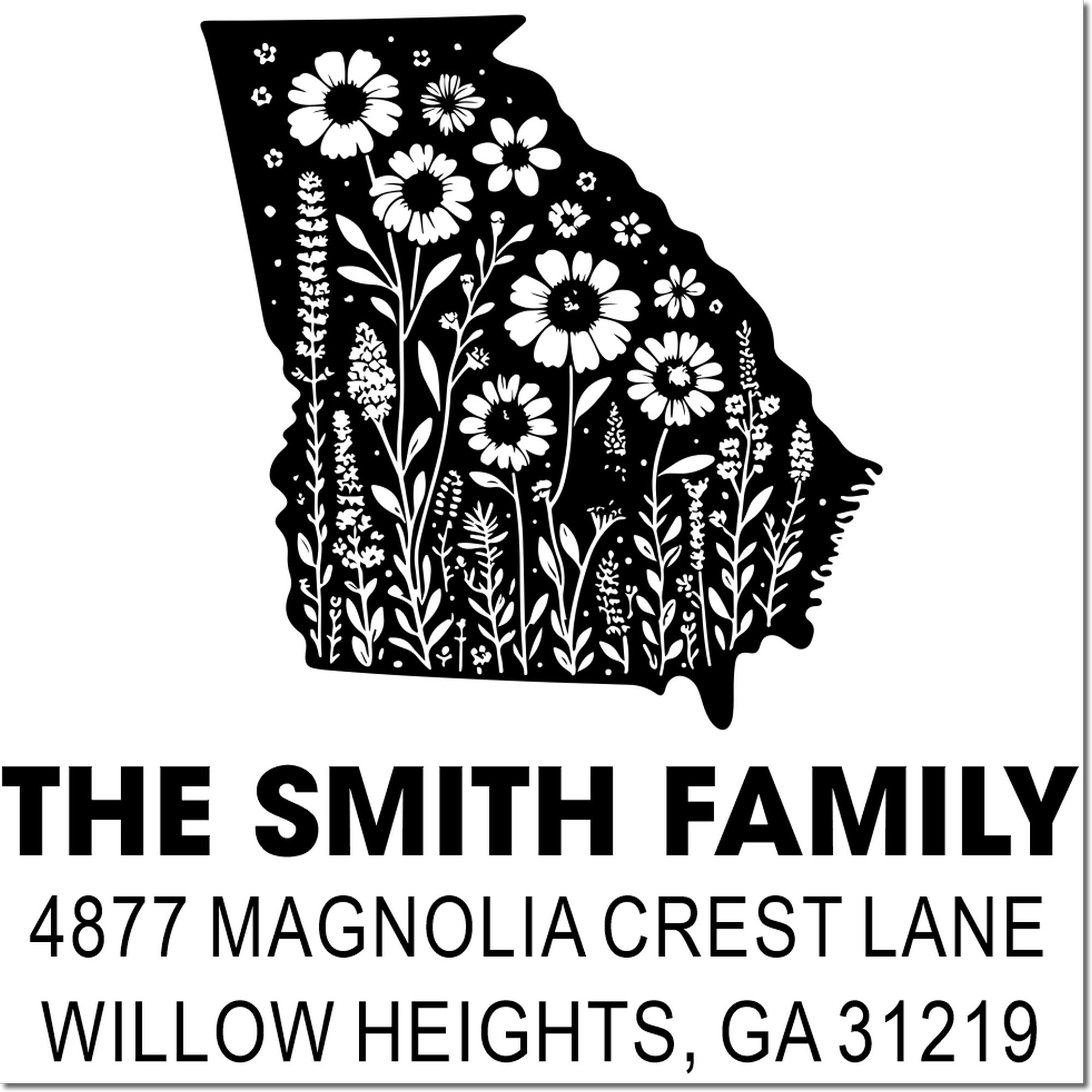 Custom Georgia address rubber stamp with floral state design for The Smith Family, Willow Heights, GA 31219