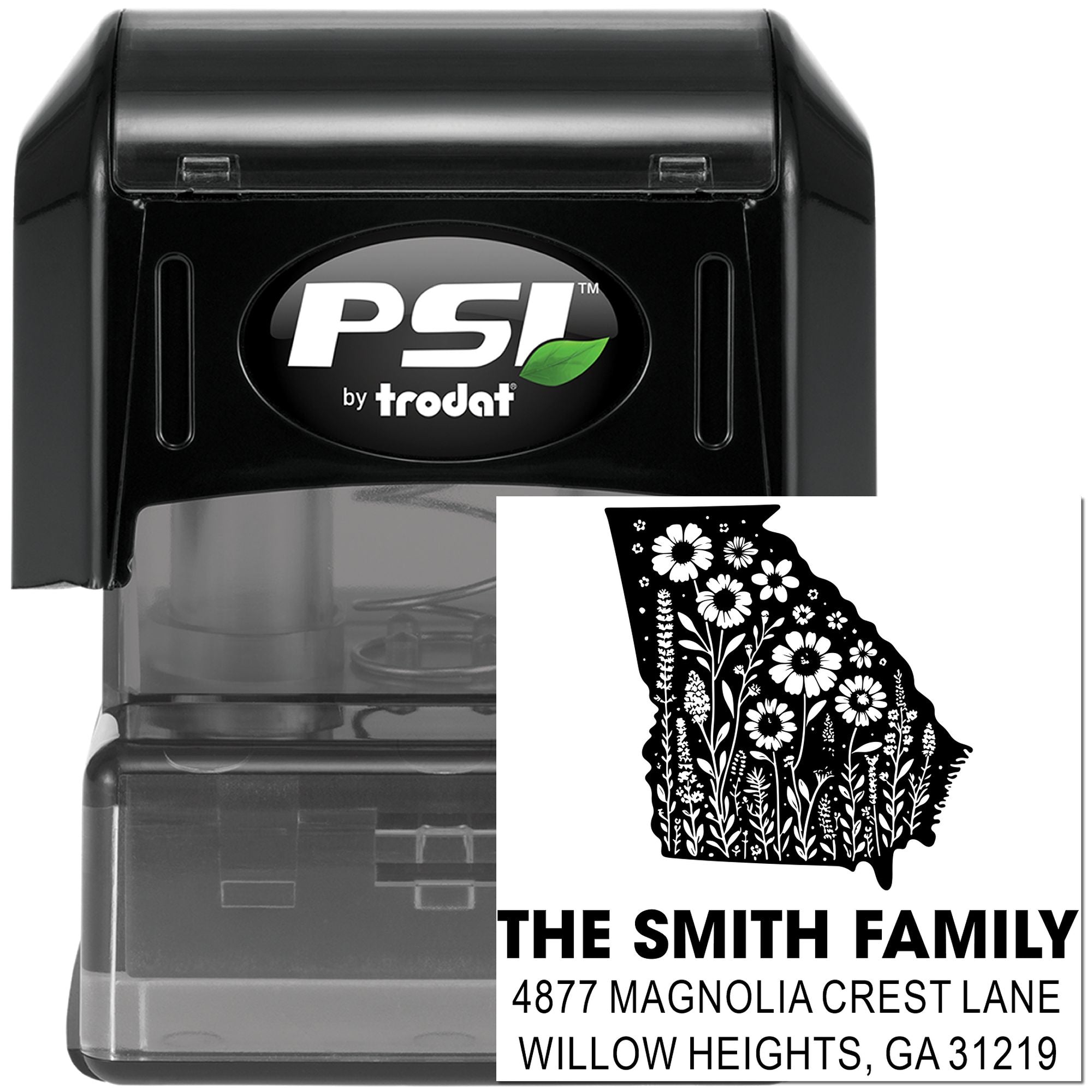 PSI by Trodat custom self-inking return address stamp with floral state design for personalized family mailing labels.