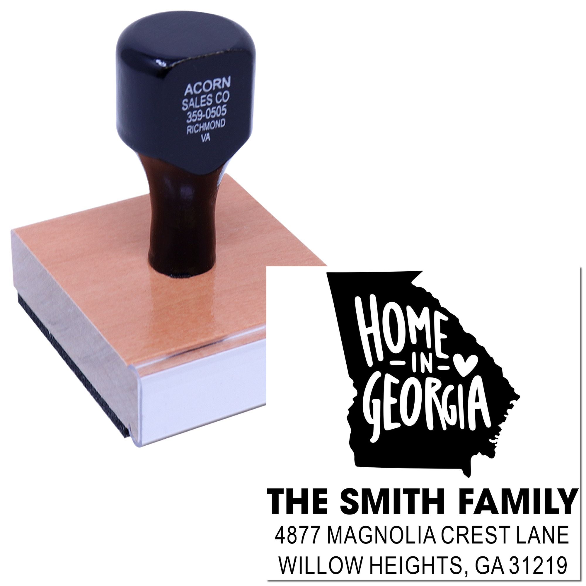 Custom rubber stamp for return addresses, featuring a Home in Georgia family address design with The Smith Family name and street address.