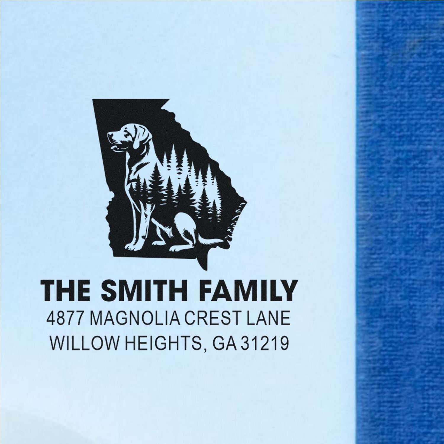 Custom address rubber stamp with Georgia state outline, dog and pine tree design for The Smith Family.