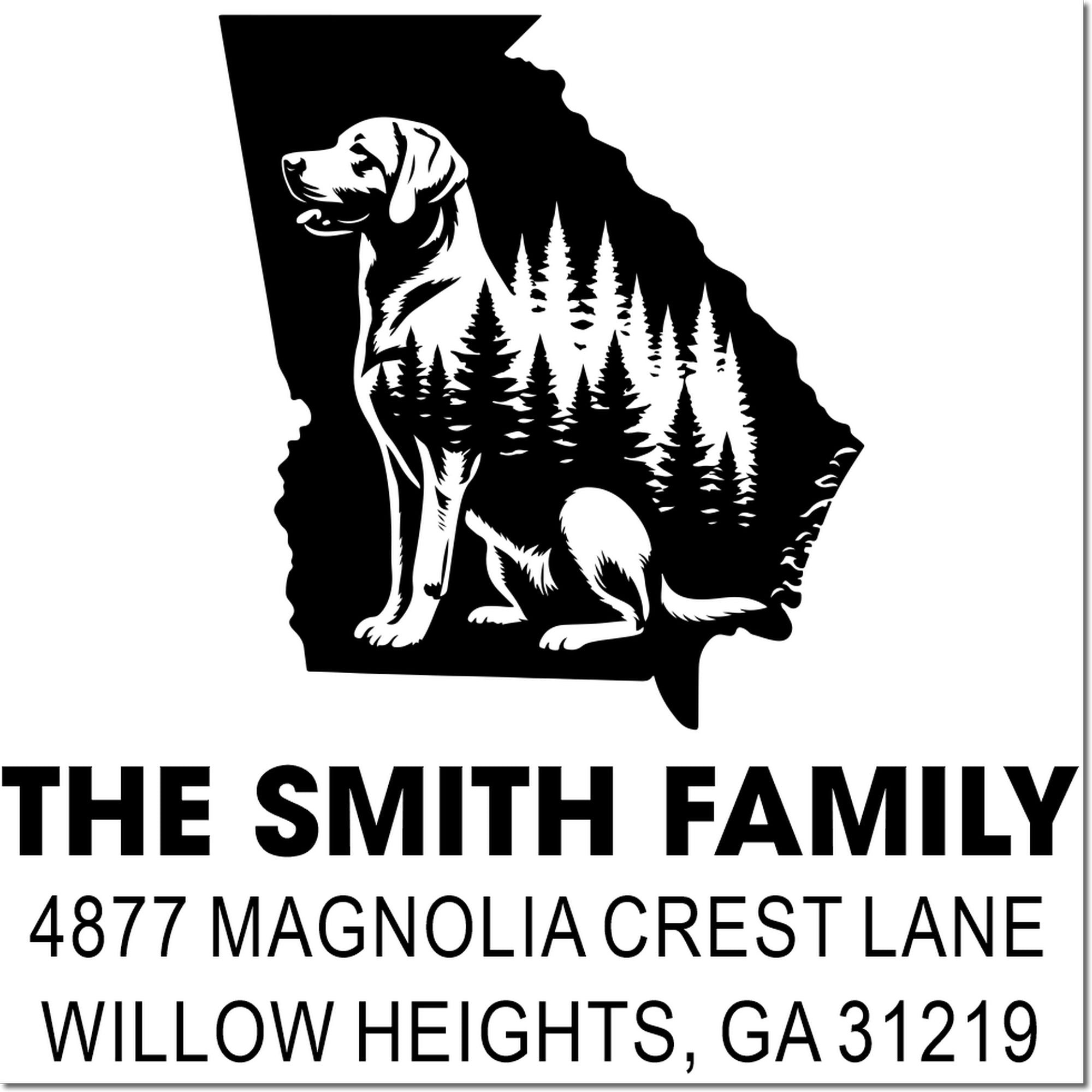 Custom Georgia state address rubber stamp featuring dog, pine trees, and The Smith Family, Willow Heights, GA 31219
